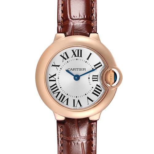 The Cartier Ballon Bleu W6900256 Women's Rose Gold Silver Dial watch is shown in a front view, highlighting the dial, Roman numerals, and crown with a leather strap.