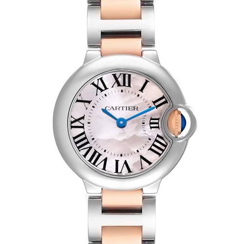 The image shows a front view of the Cartier Ballon Bleu W6920034 Women's Steel and Gold (two tone) Mother of Pearl Dial watch, highlighting its round case, Roman numeral dial, and bracelet.
