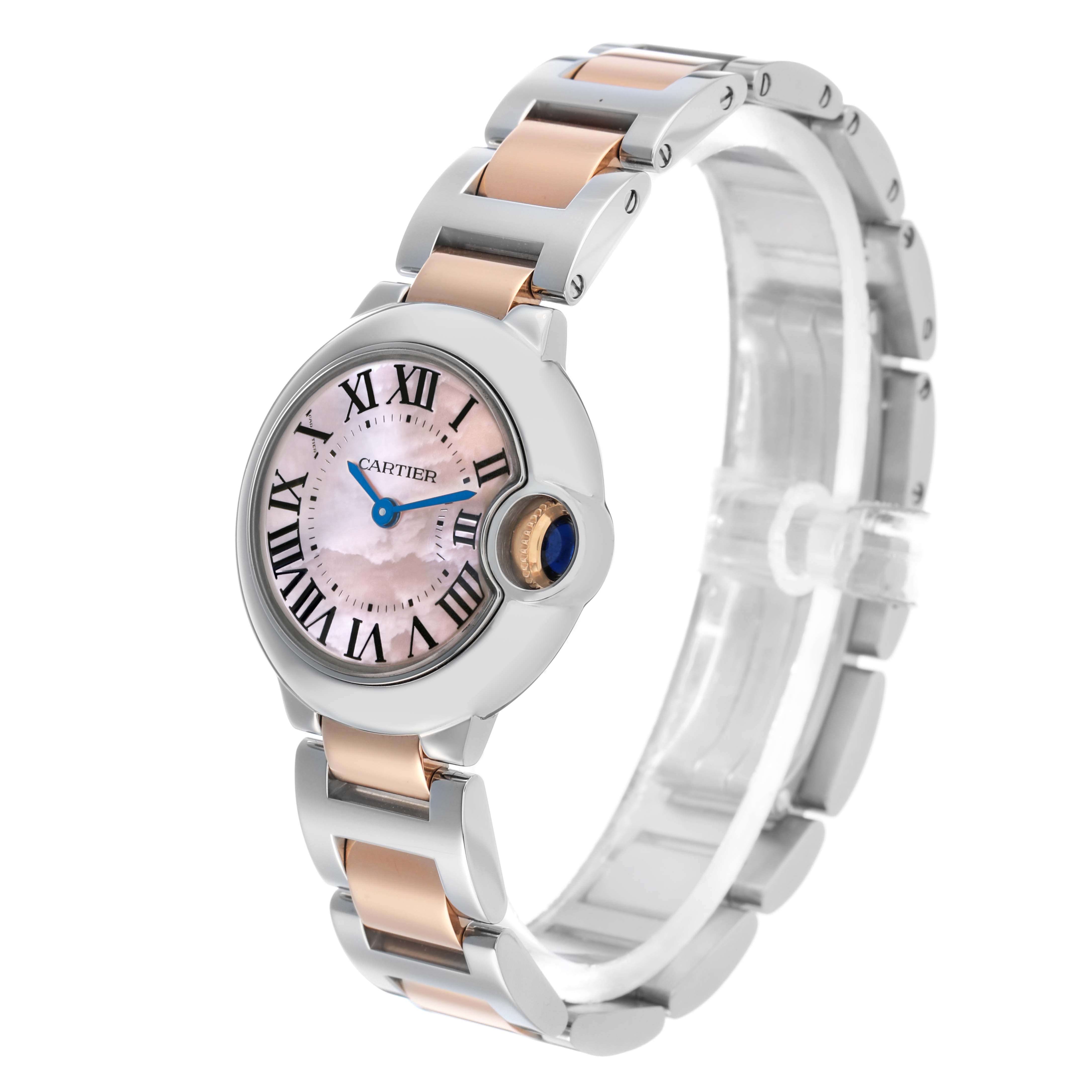 The Cartier Ballon Bleu W6920034 Women's Steel and Gold (two tone) Mother of Pearl Dial watch is shown at a three-quarter angle, highlighting the face, crown, and two-tone bracelet.