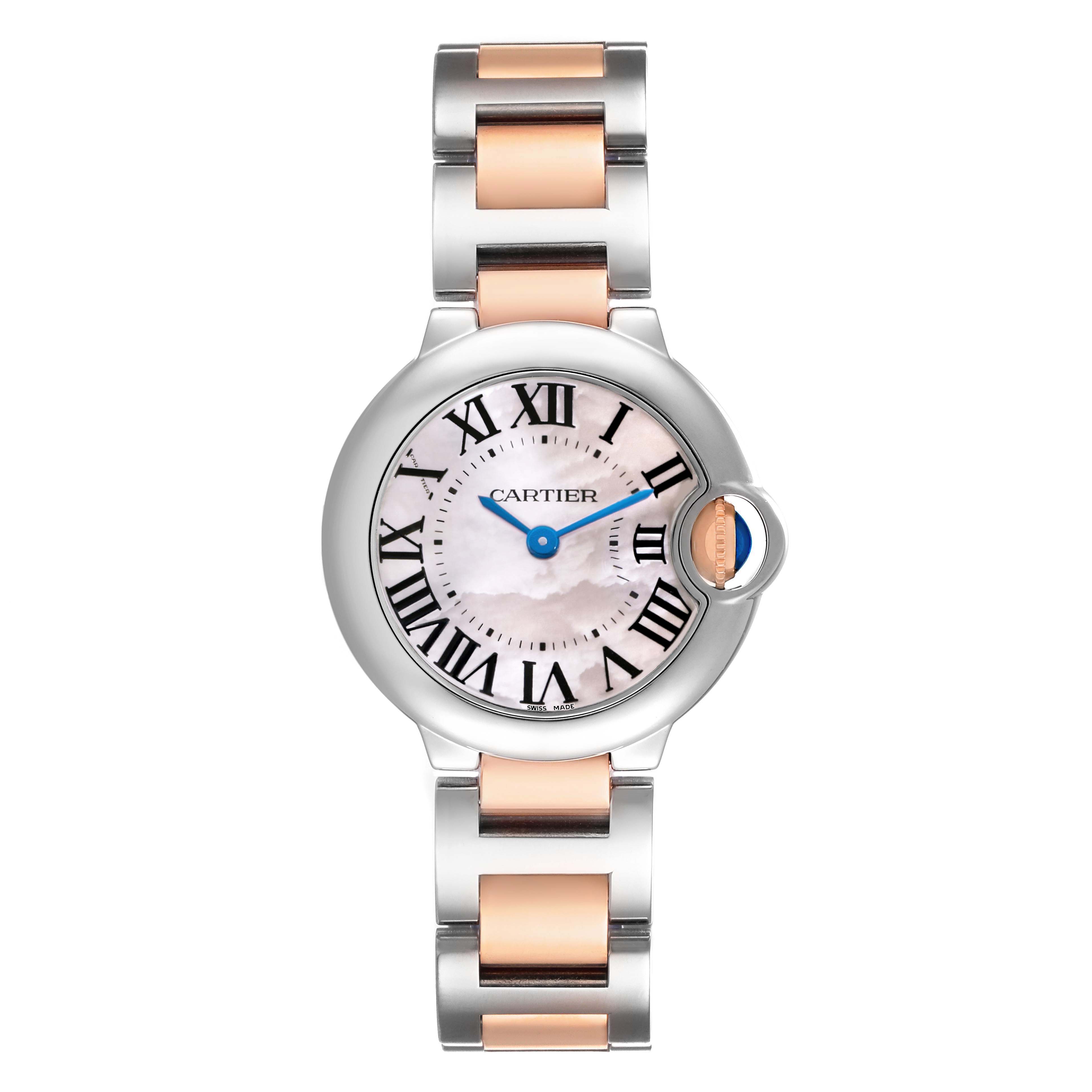 The image shows a Ballon Bleu de Cartier watch from a top-down angle, highlighting its face, Roman numerals, and metal bracelet.