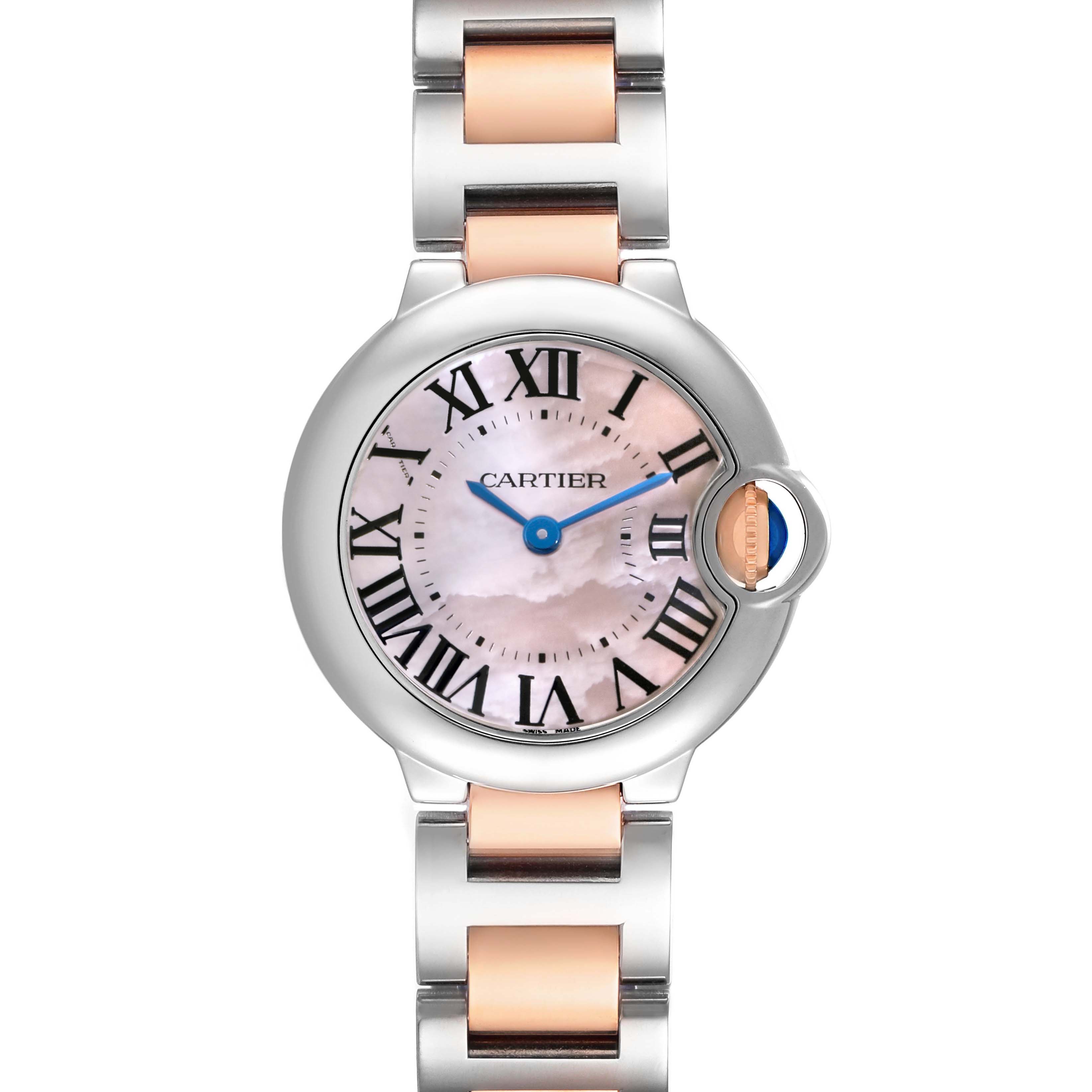 The Cartier Ballon Bleu W6920034 Women's Steel and Gold (two tone) Mother of Pearl Dial watch is shown from the front, displaying the face, Roman numerals, and part of the bracelet.