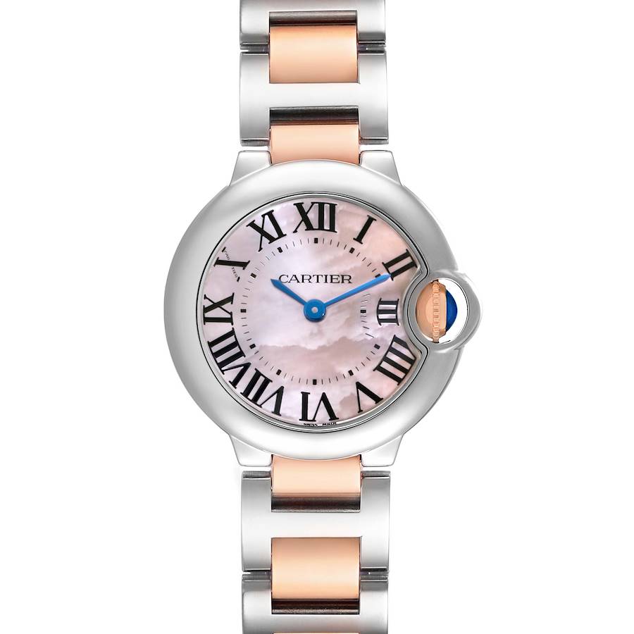 The Cartier Ballon Bleu W6920034 Women's Steel and Gold (two tone) Mother of Pearl Dial watch is shown from the front, displaying the face, Roman numerals, and part of the bracelet.
