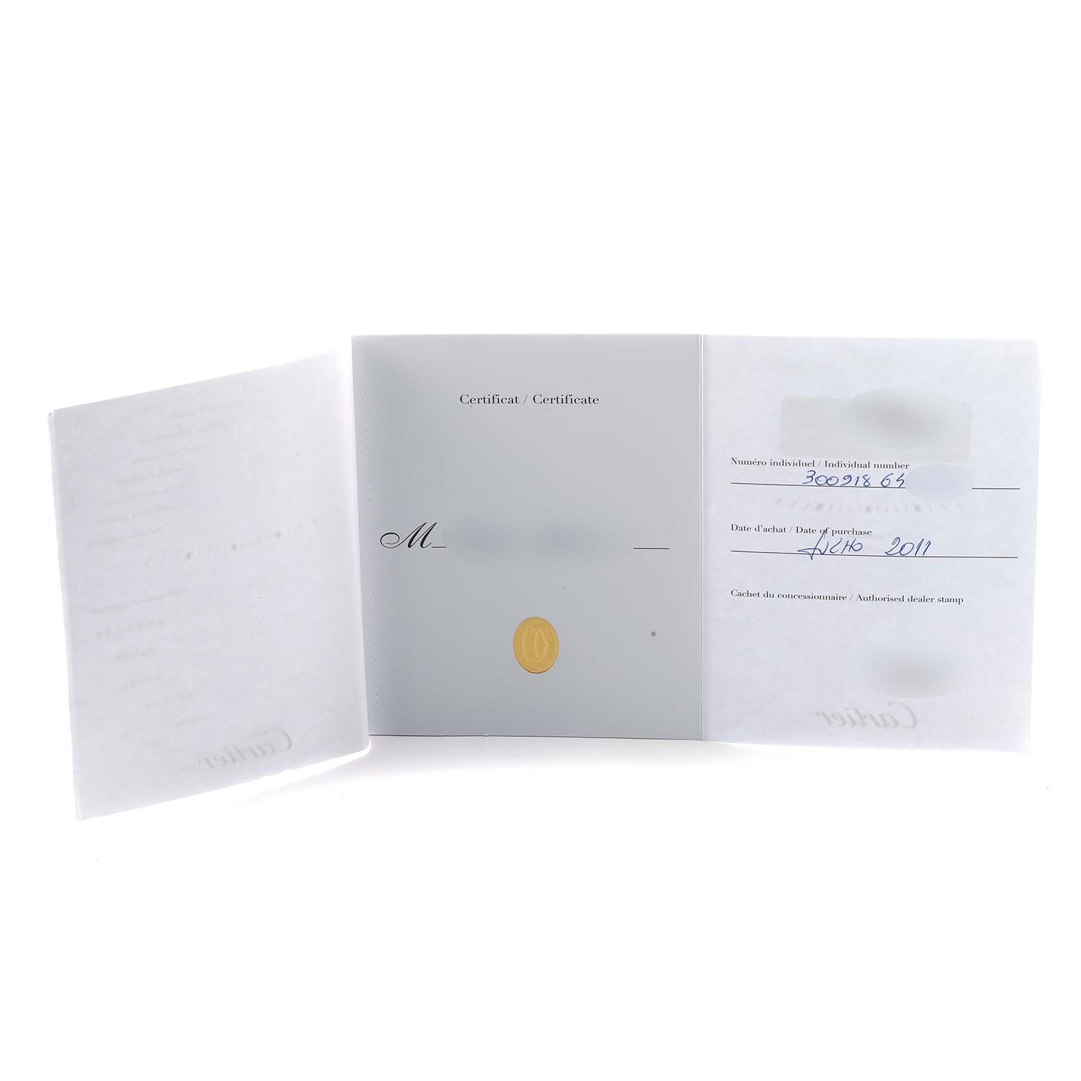 The image shows an open certificate booklet for the Cartier Ballon Bleu W6920034 Women's Steel and Gold (two tone) Mother of Pearl Dial model, displaying purchase details.