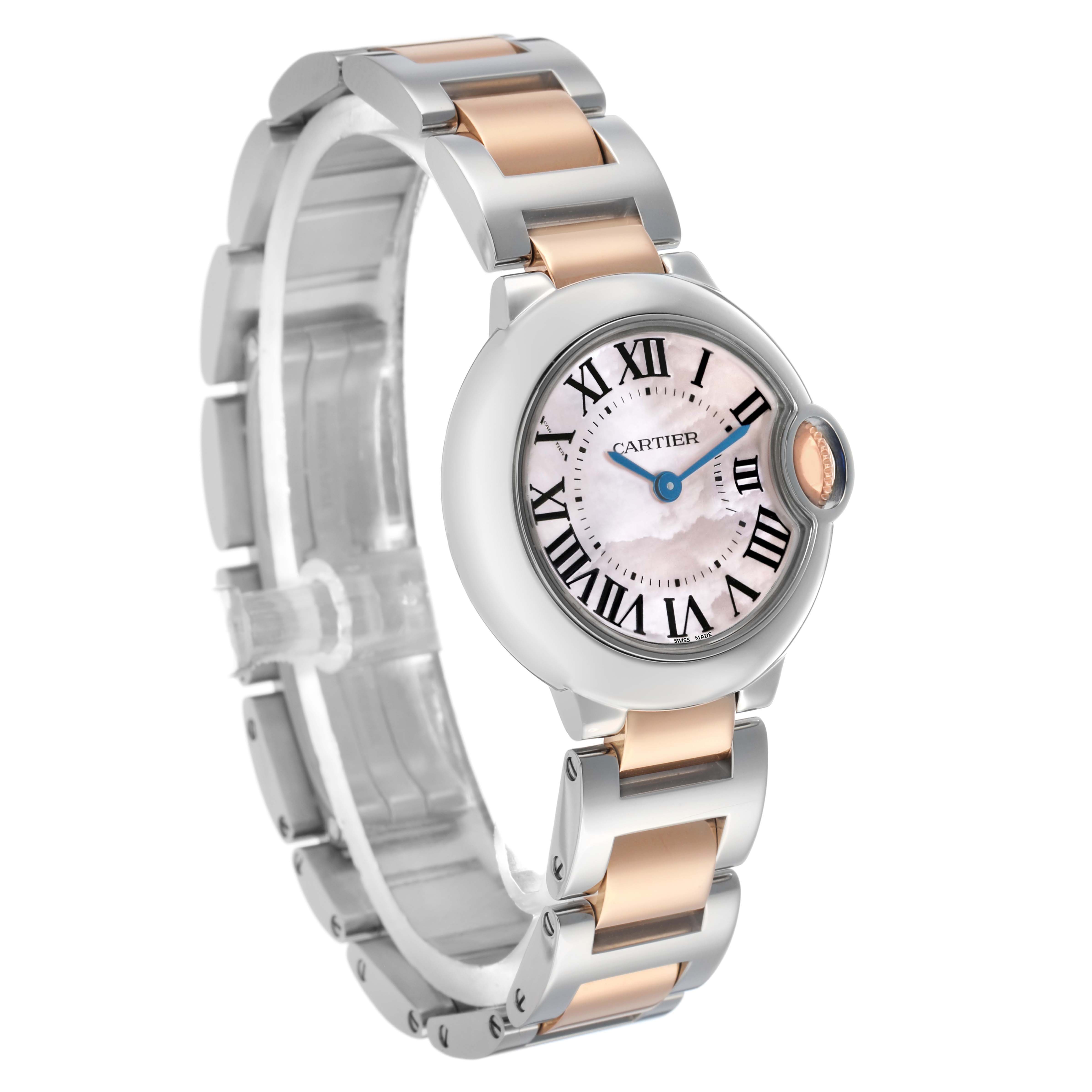 The Cartier Ballon Bleu W6920034 Women's Steel and Gold (two tone) Mother of Pearl Dial watch is shown at a slight angle, highlighting its silver and rose gold bracelet and roman numeral dial.