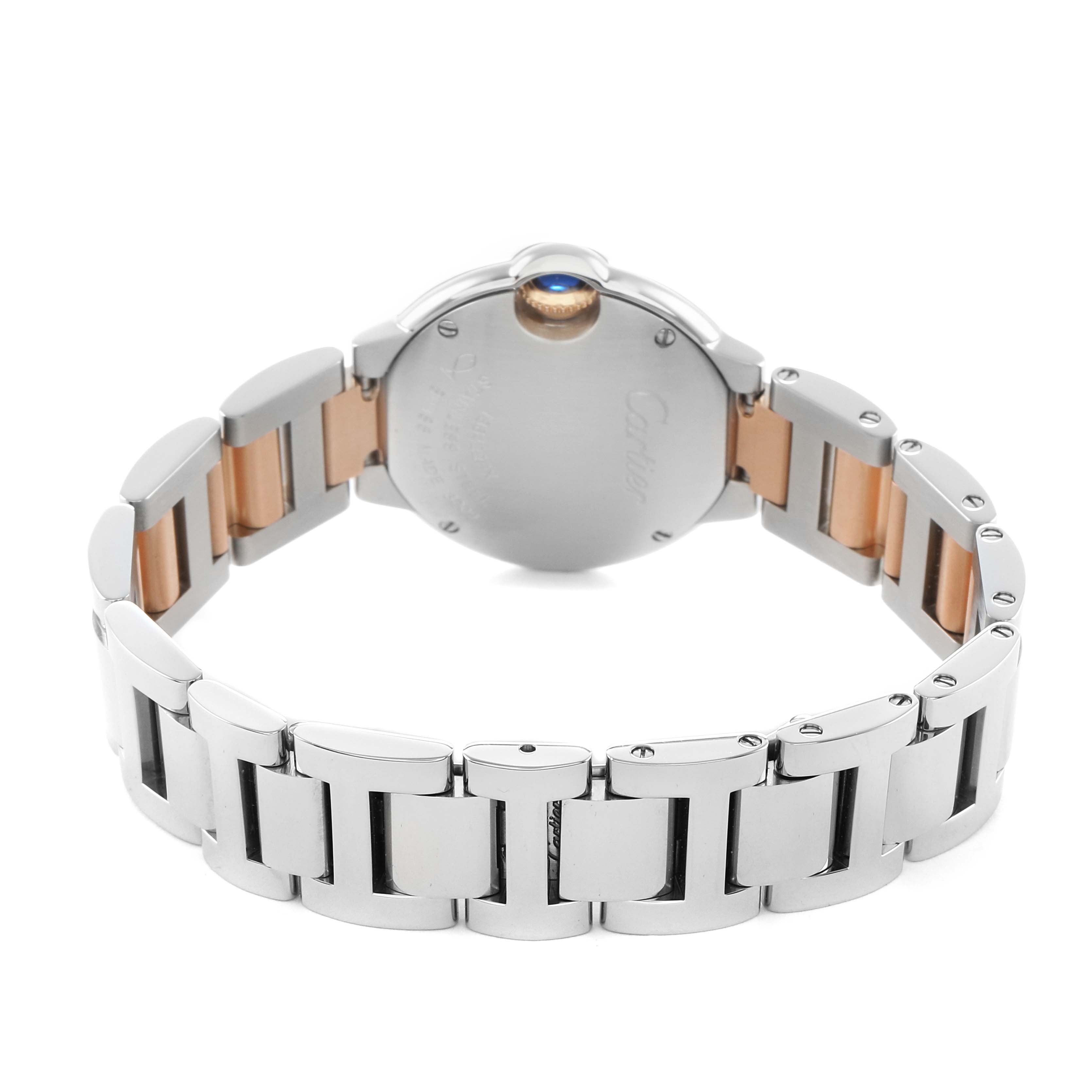 The image shows the back of a Cartier Ballon Bleu W6920034 Women's Steel and Gold (two tone) Mother of Pearl Dial watch, highlighting the metal bracelet and the case back.