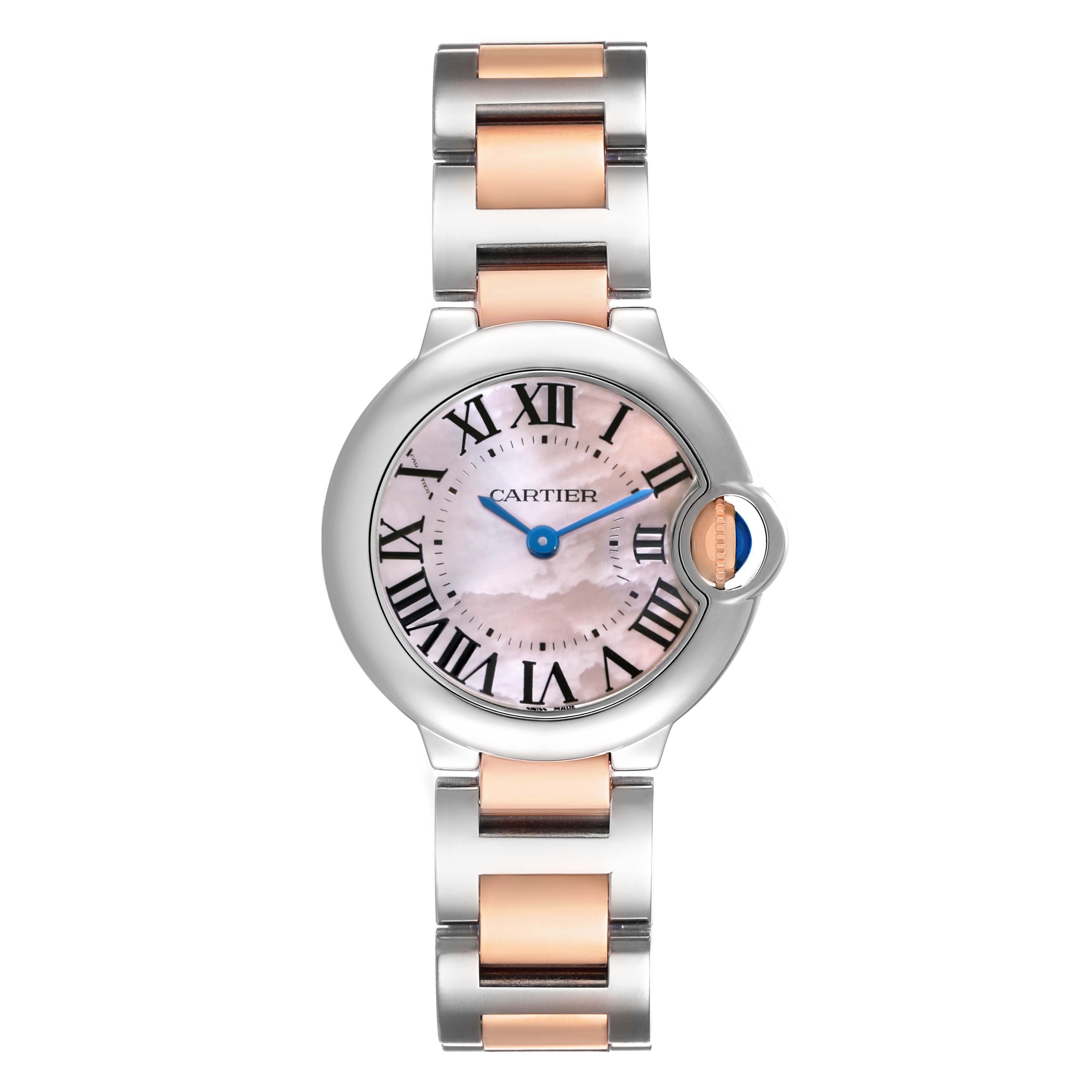 The Cartier Ballon Bleu W6920034 Women's Steel and Gold (two tone) Mother of Pearl Dial watch is shown from a top view, highlighting the face, crown, and mixed-metal bracelet.