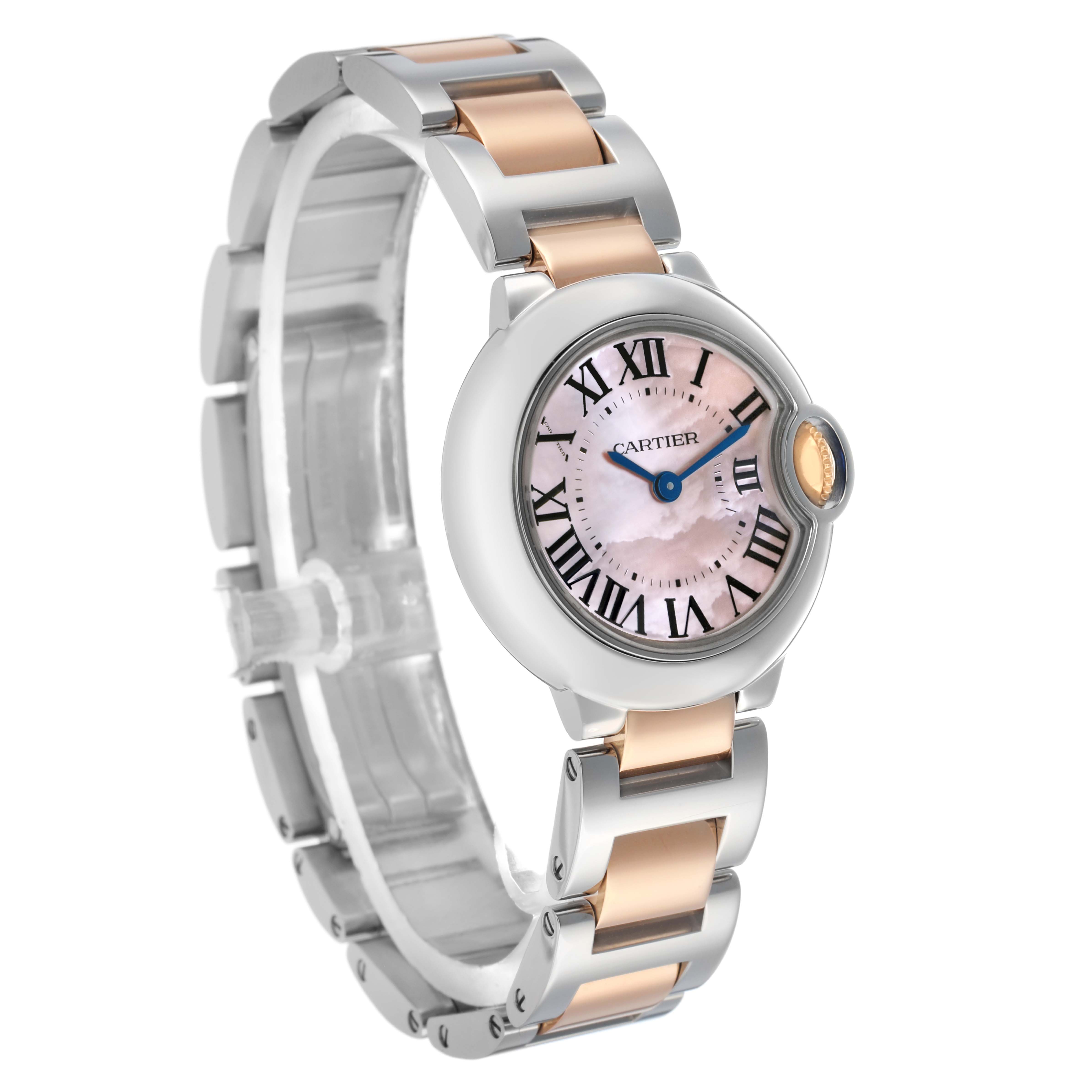 The Cartier Ballon Bleu W6920034 Women's Steel and Gold (two tone) Mother of Pearl Dial watch is shown at a three-quarter angle, highlighting the face, side, and bracelet details.