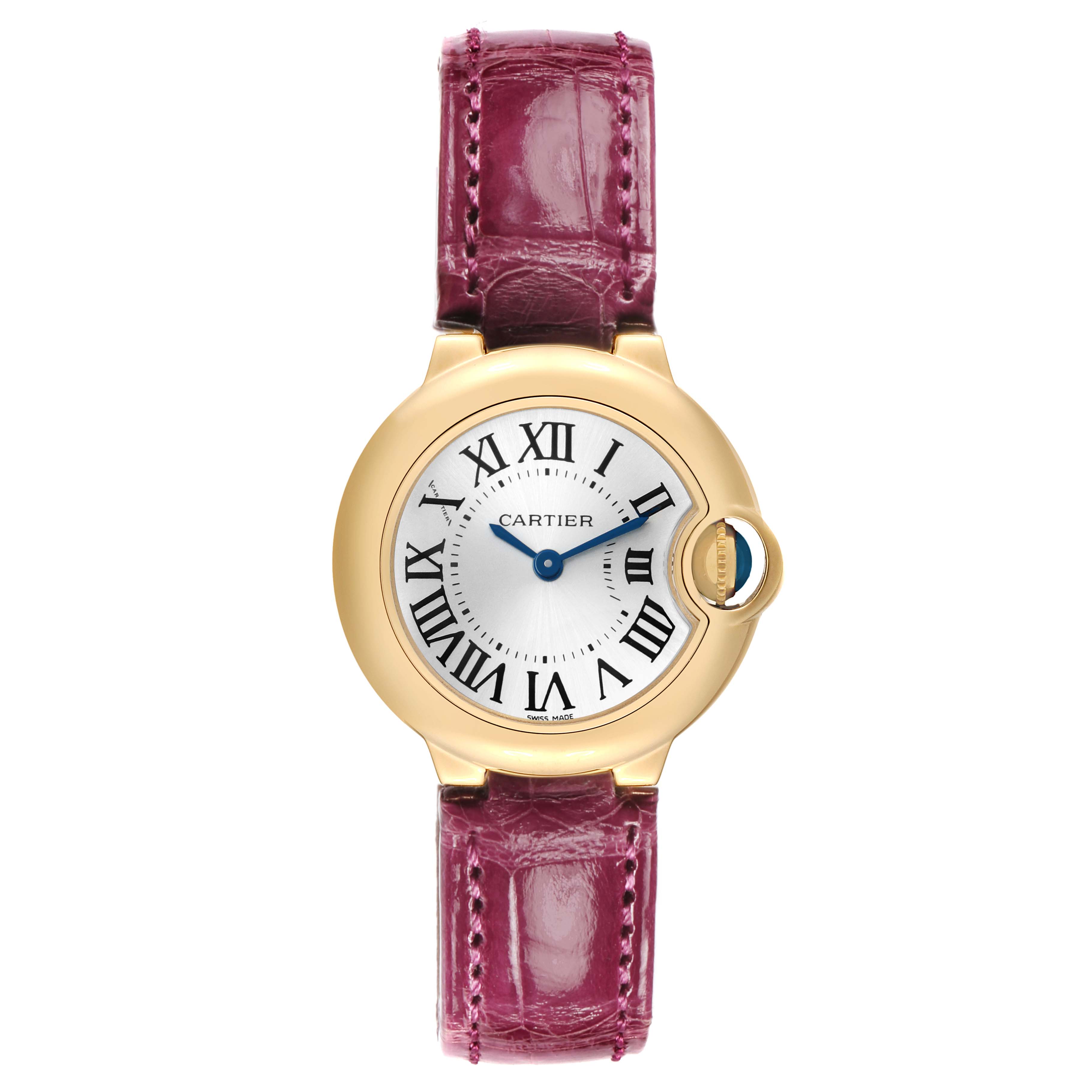 The Cartier Ballon Bleu W6900156 Women's Yellow Gold Silver Dial watch is shown from a top-down view, highlighting its gold case and burgundy leather strap.