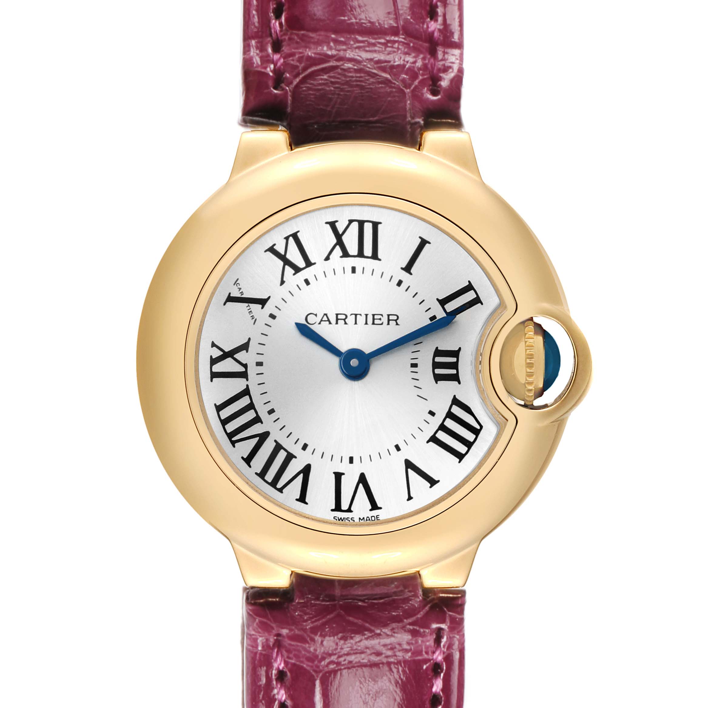 The Cartier Ballon Bleu W6900156 Women's Yellow Gold Silver Dial watch is shown from the front, highlighting its round case, Roman numerals, and crown with blue cabochon.