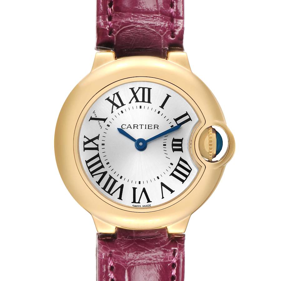 The Cartier Ballon Bleu W6900156 Women's Yellow Gold Silver Dial watch is shown from the front, highlighting its round case, Roman numerals, and crown with blue cabochon.