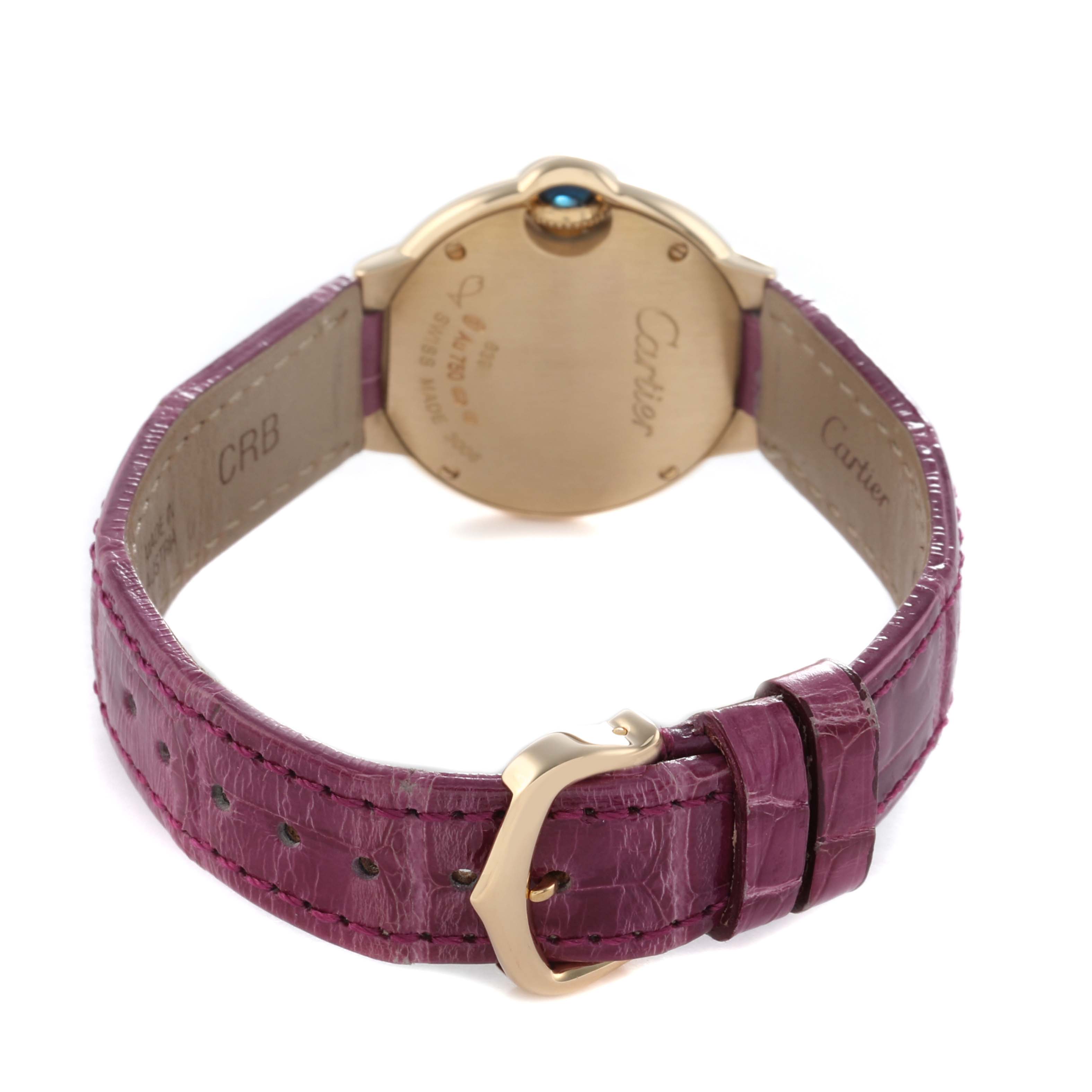 The image shows the back of a Cartier Ballon Bleu W6900156 Women's Yellow Gold Silver Dial watch, highlighting the case, strap, buckle, and crown from a rear angle.