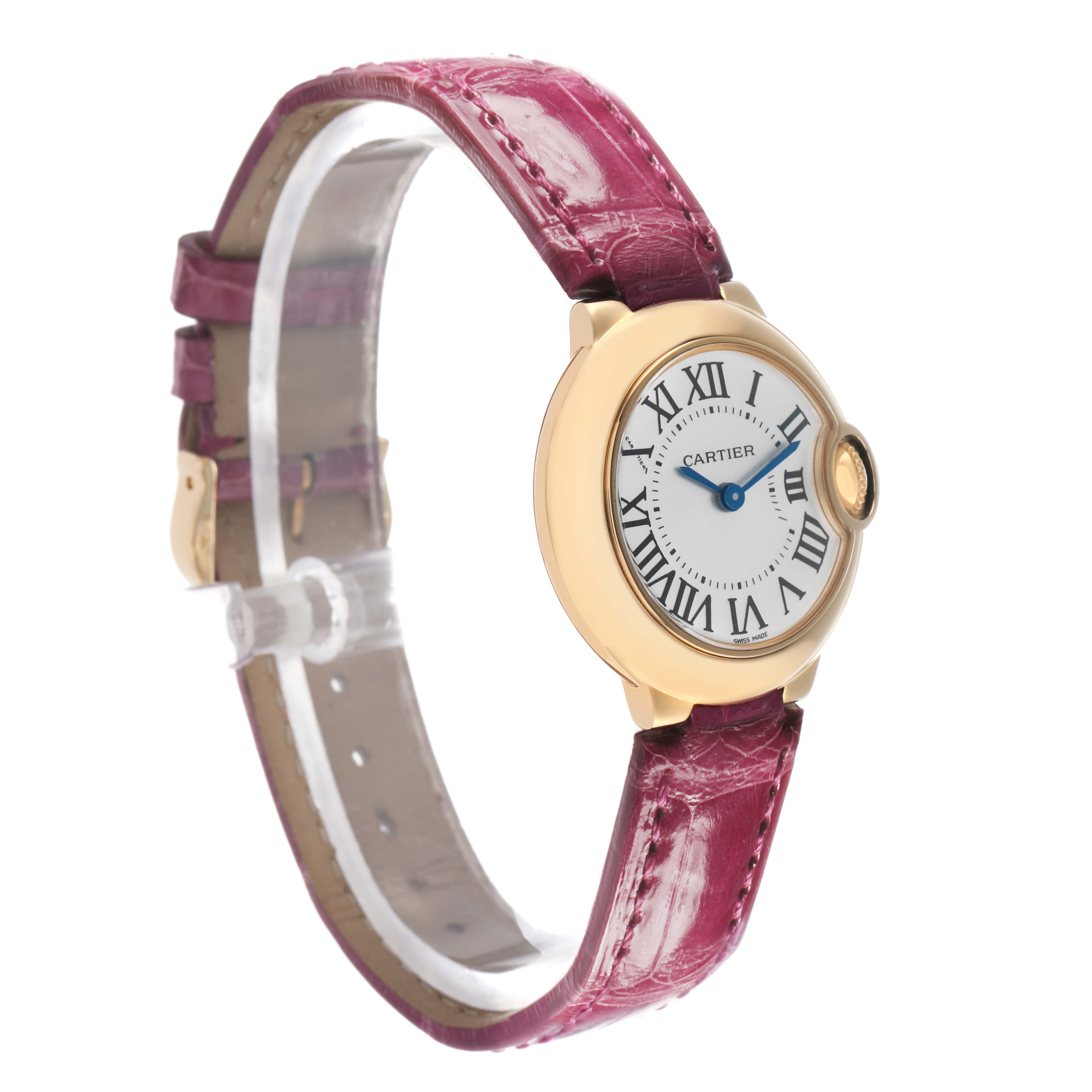 The Cartier Ballon Bleu W6900156 Women's Yellow Gold Silver Dial watch is shown at a side angle, displaying the face, case, crown, and strap.