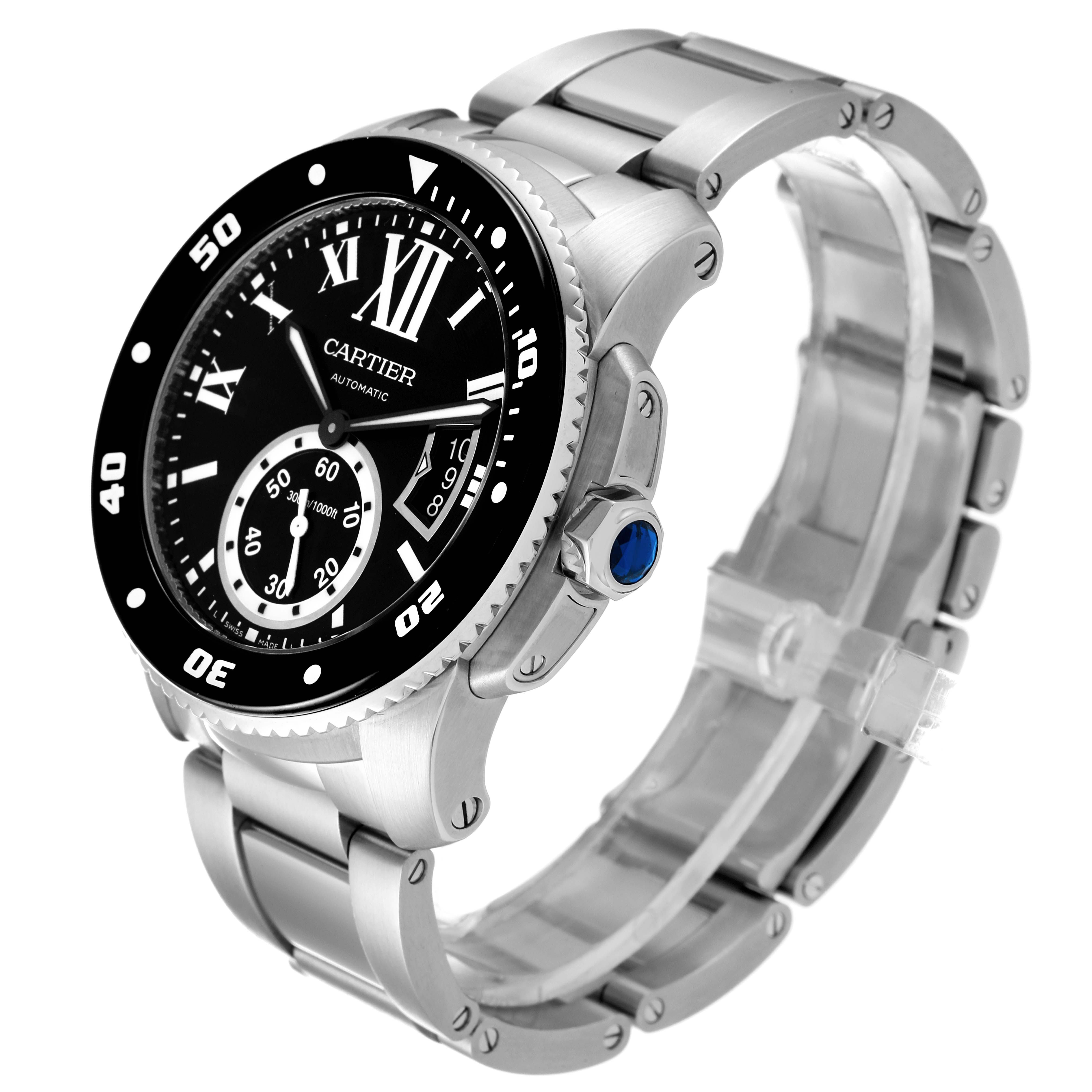 The image shows a side and front angled view of a Calibre de Cartier watch by Cartier, highlighting its bezel, crown, and bracelet.