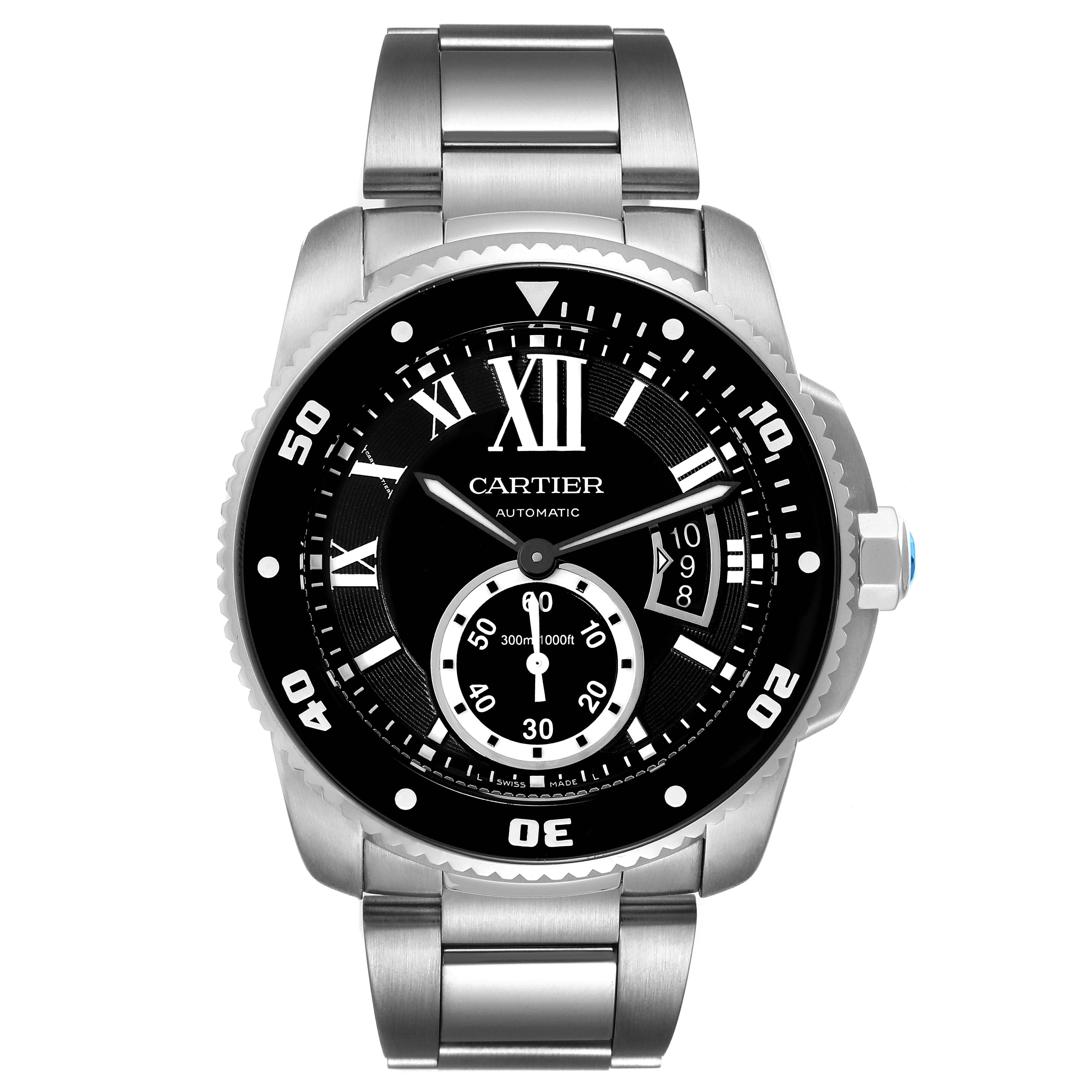 This image shows a front view of the Cartier Calibre de Cartier W7100057 Men
s Stainless Steel Black Dial W7100057 Men
s Stainless Steel Black Dial watch, displaying its face, bezel, hands, and metal bracelet.