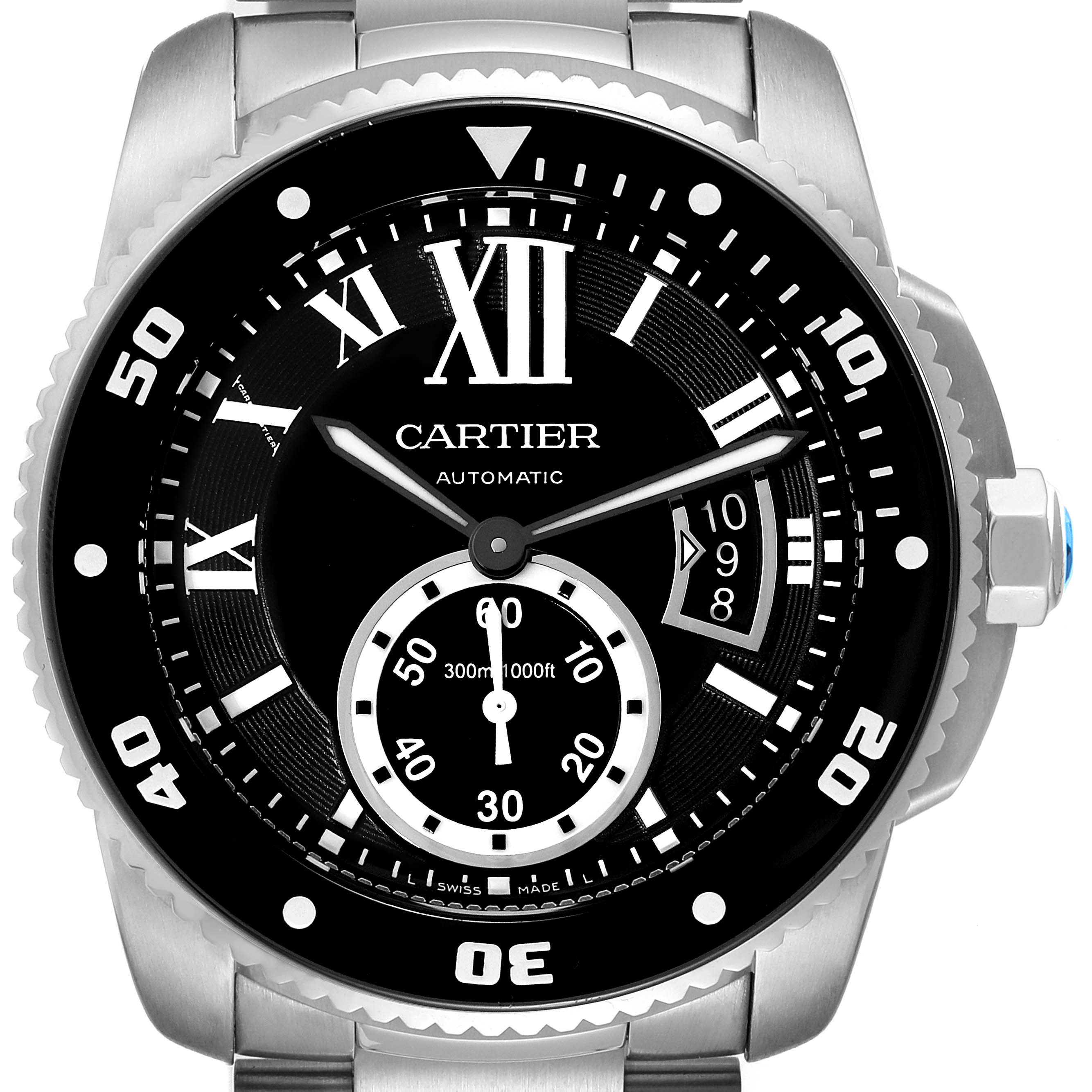 The image shows a frontal view of a Calibre de Cartier watch by Cartier, highlighting its black dial, silver markers, and bracelet.