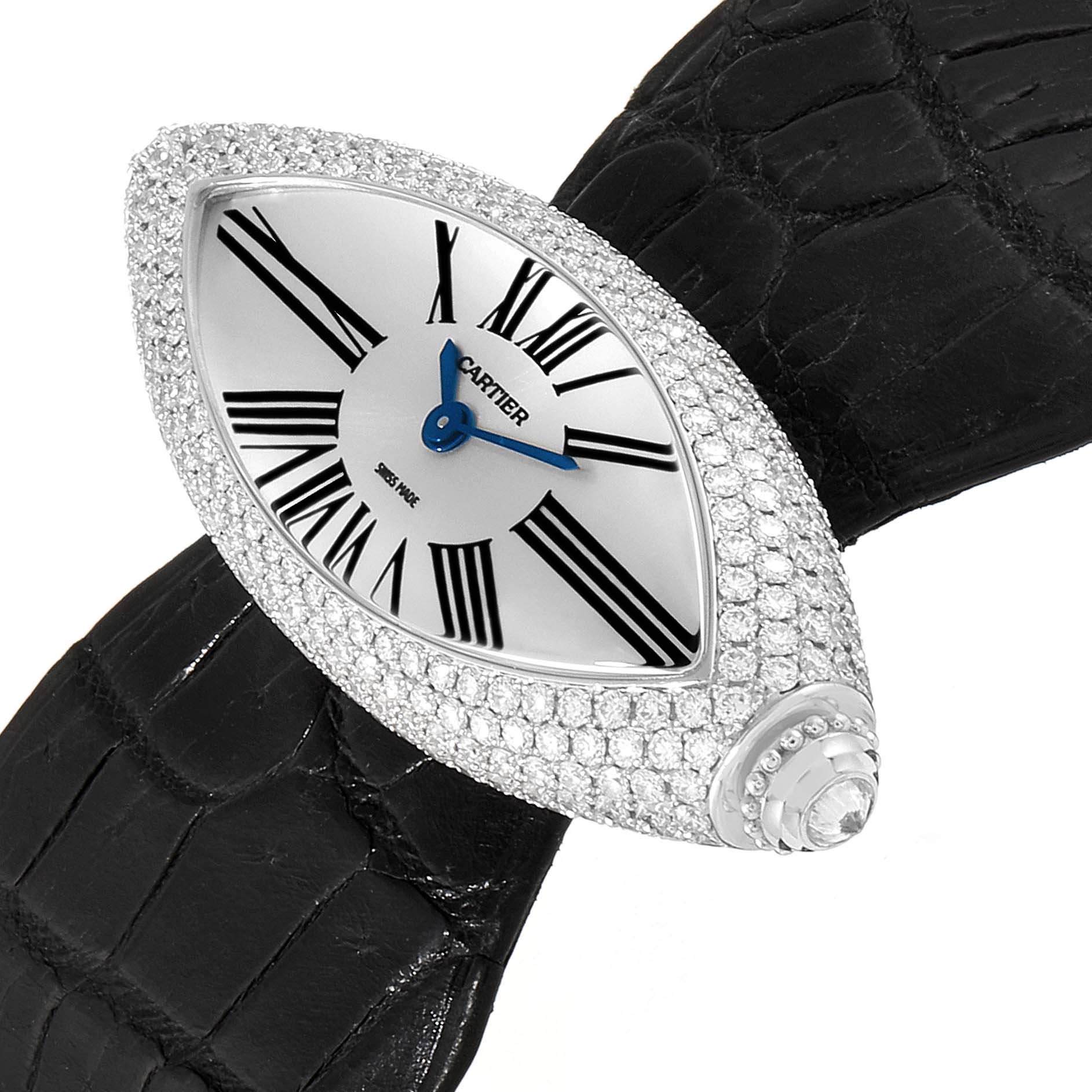 The image displays a close-up, angled view of the Cartier Colisee 2908 Women
s White Gold Silver Dial 2908 Women
s White Gold Silver Dial model watch, highlighting its face, diamond-studded bezel, and black strap.
