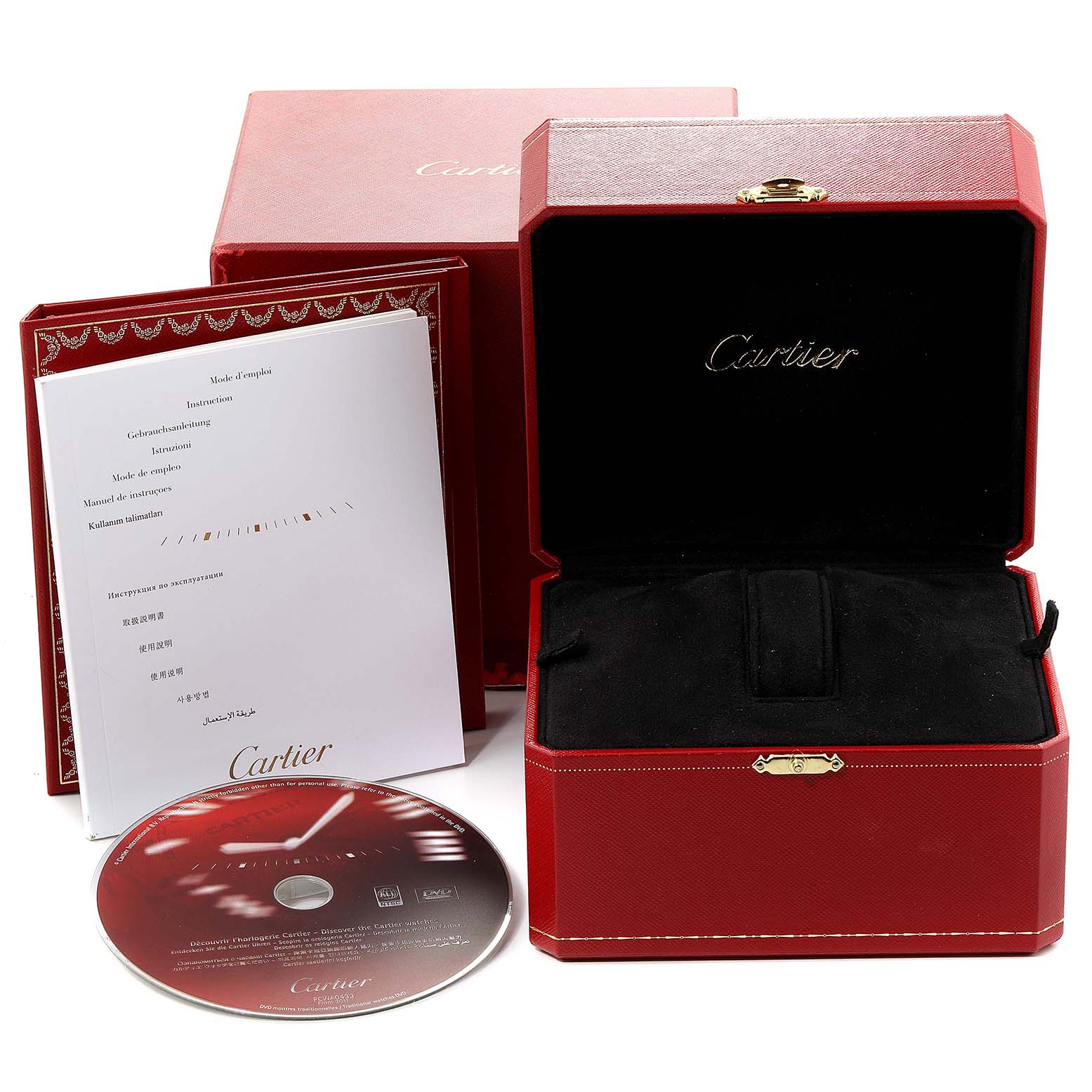 The image shows the packaging and accessories for the Colisee model by Cartier, including a red box, user manual, and a CD.