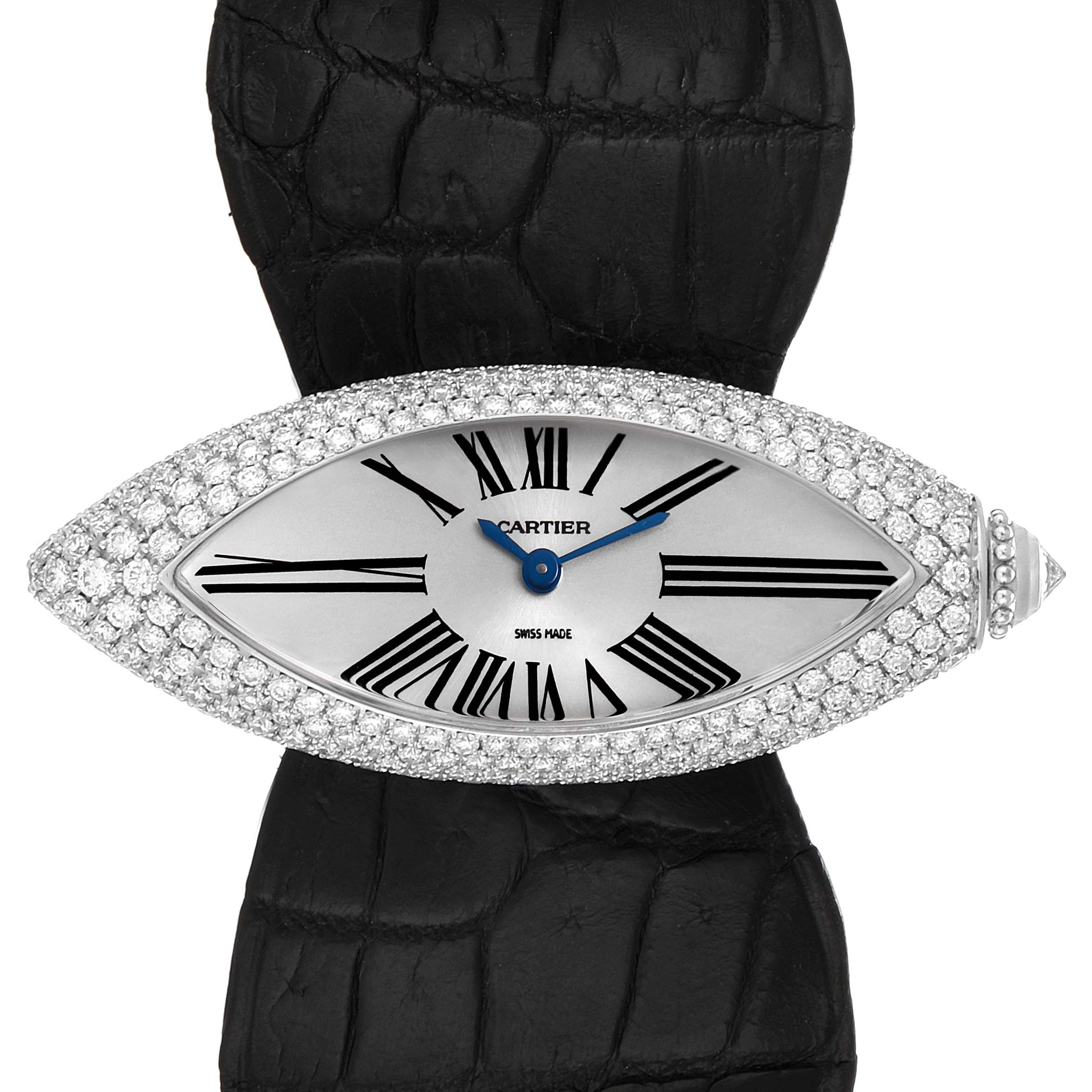 The image shows a top-down view of a Cartier Colisee 2908 Women
s White Gold Silver Dial 2908 Women
s White Gold Silver Dial watch, featuring a diamond-encrusted case and black leather strap.