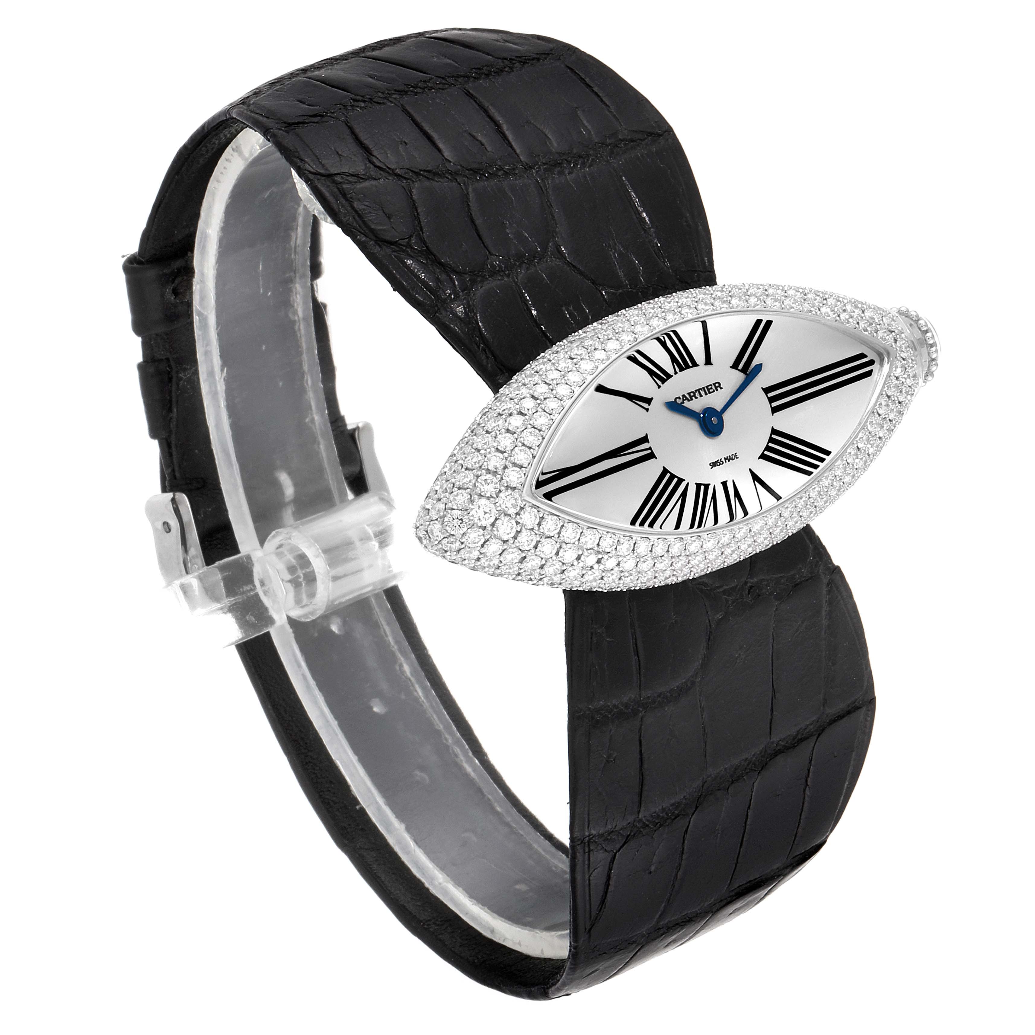 The Cartier Colisee 2908 Women
s White Gold Silver Dial 2908 Women
s White Gold Silver Dial model watch is shown at an angled side view, highlighting its black strap and diamond-studded oval face.