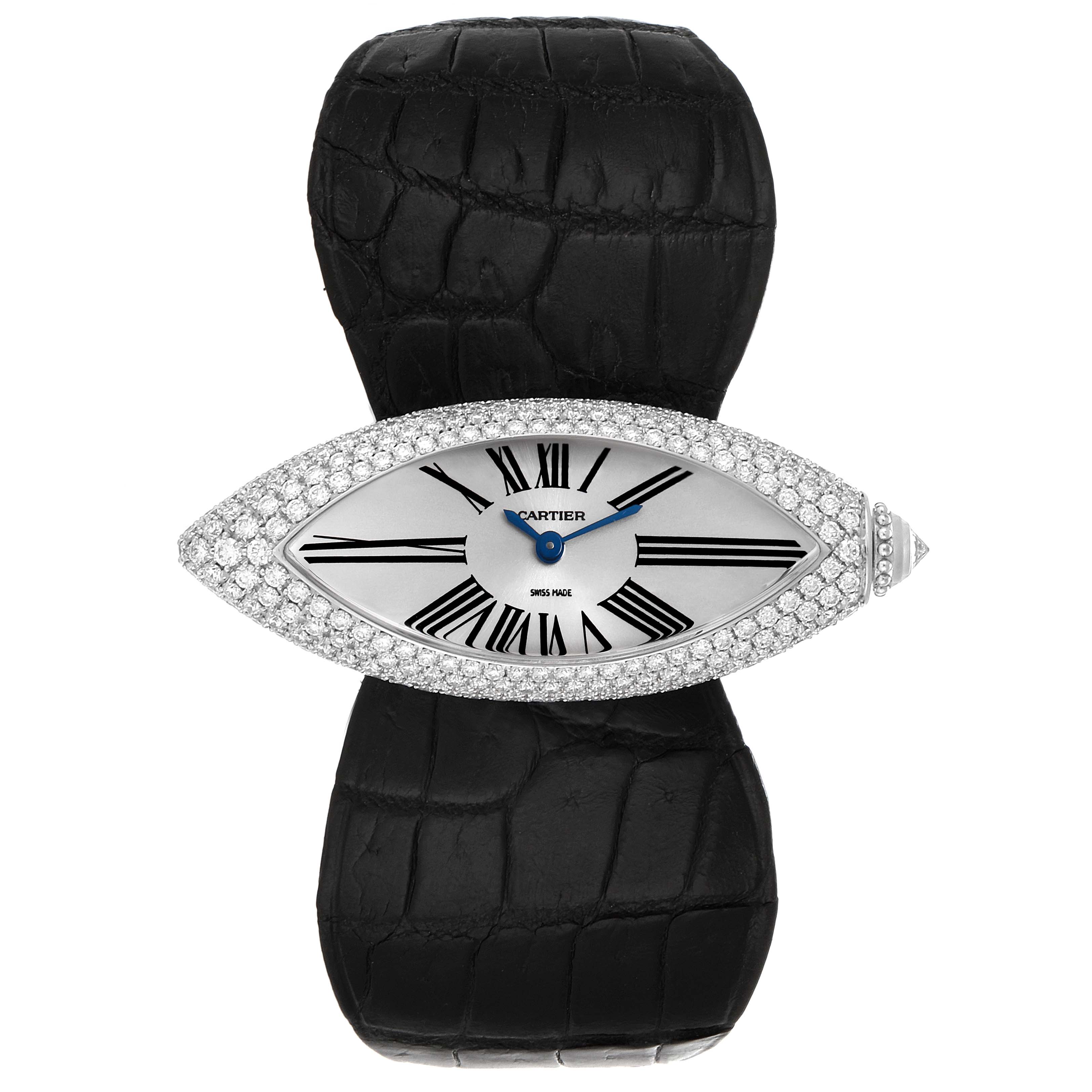 The image shows a top-down view of the Colisee model by Cartier, featuring its black leather strap and diamond-studded oval bezel.