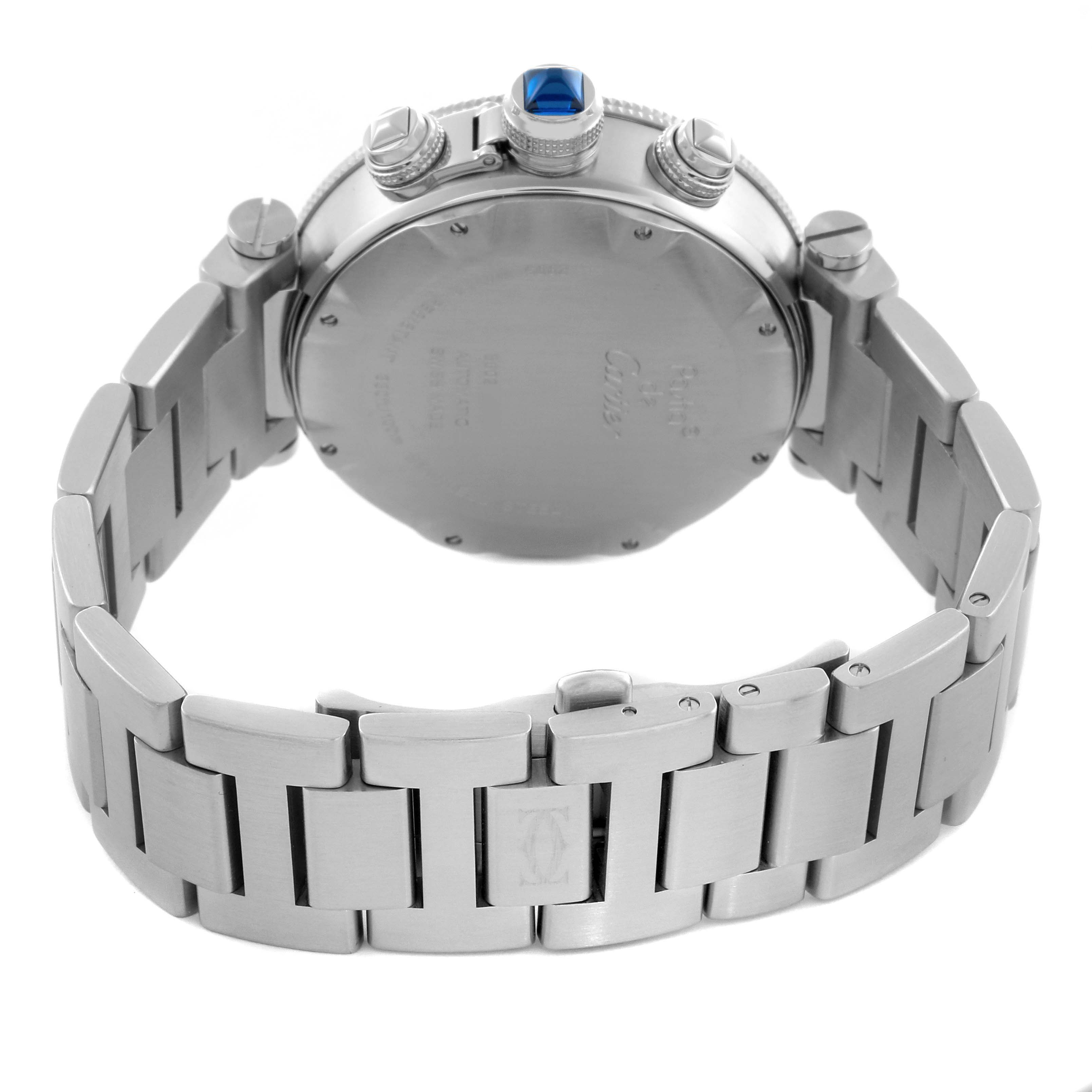 The Cartier Pasha W31089M7 Men's Stainless Steel Silver Dial W31089M7 Men's Stainless Steel Silver Dial watch is shown from the back, highlighting the case back, crown with blue accent, and stainless steel bracelet.