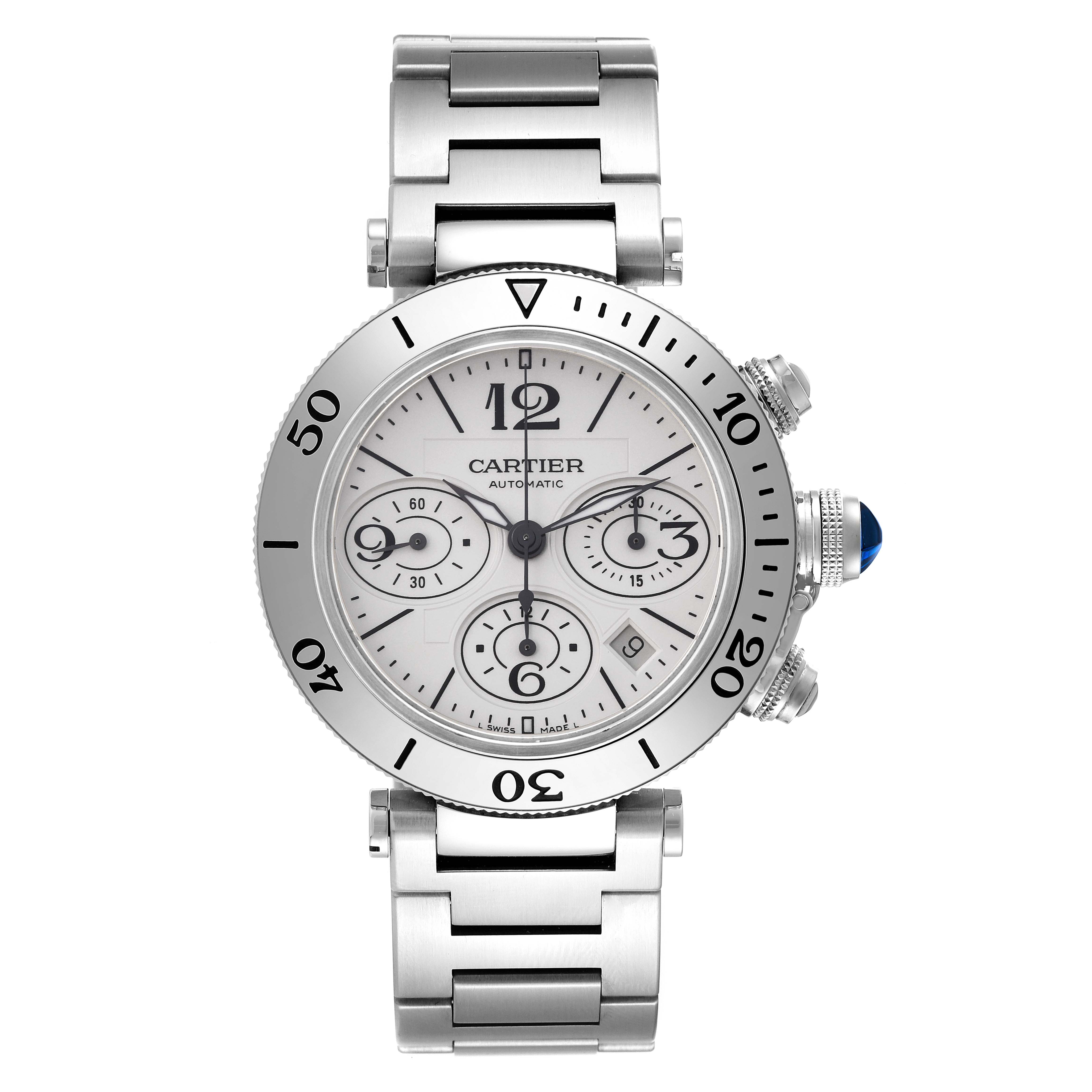 The Cartier Pasha W31089M7 Men's Stainless Steel Silver Dial W31089M7 Men's Stainless Steel Silver Dial watch is shown from a top view highlighting the face, bezel, and partial bracelet.