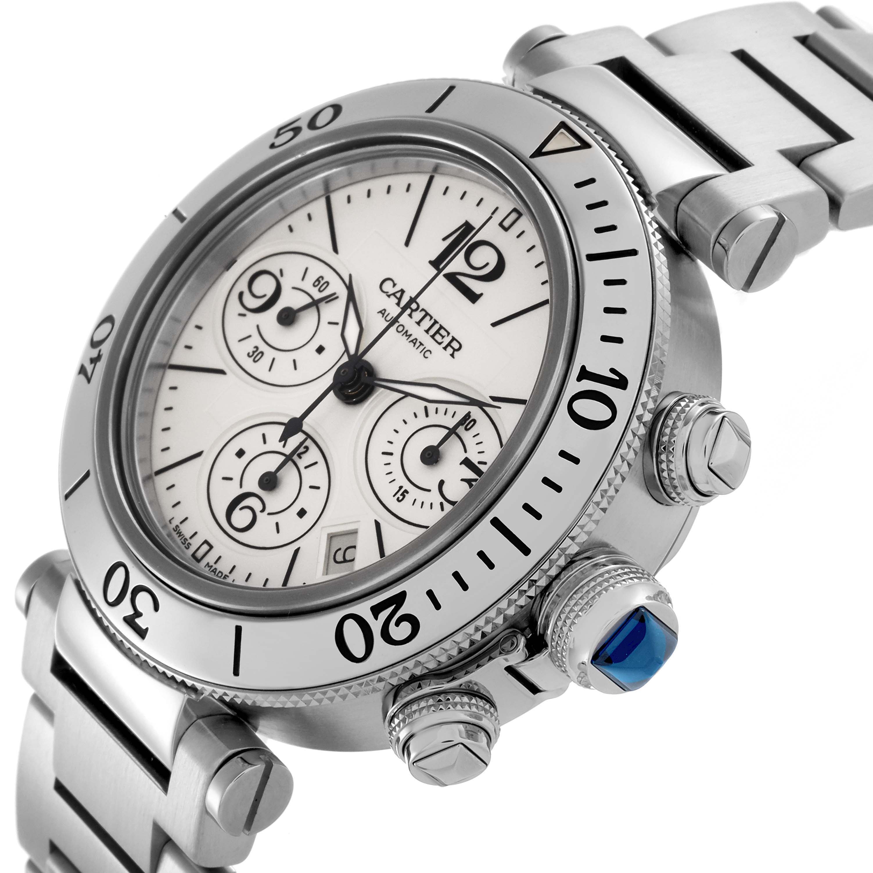 The Cartier Pasha W31089M7 Men's Stainless Steel Silver Dial W31089M7 Men's Stainless Steel Silver Dial watch is shown at a slight angle, highlighting its dial, bezel, crown, and bracelet.