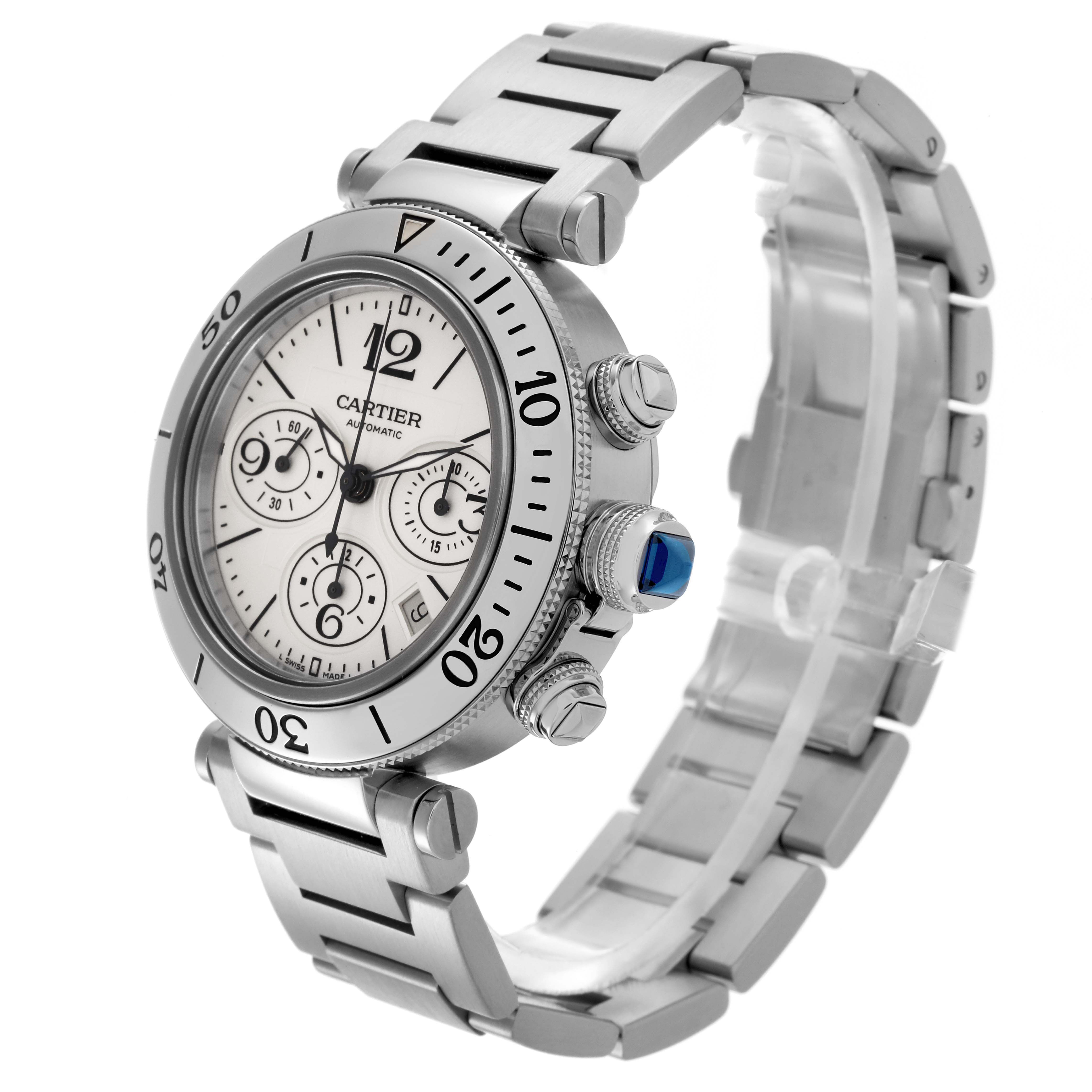 The Cartier Pasha W31089M7 Men's Stainless Steel Silver Dial W31089M7 Men's Stainless Steel Silver Dial watch is shown at a three-quarter angle, highlighting the face, crown, and bracelet.