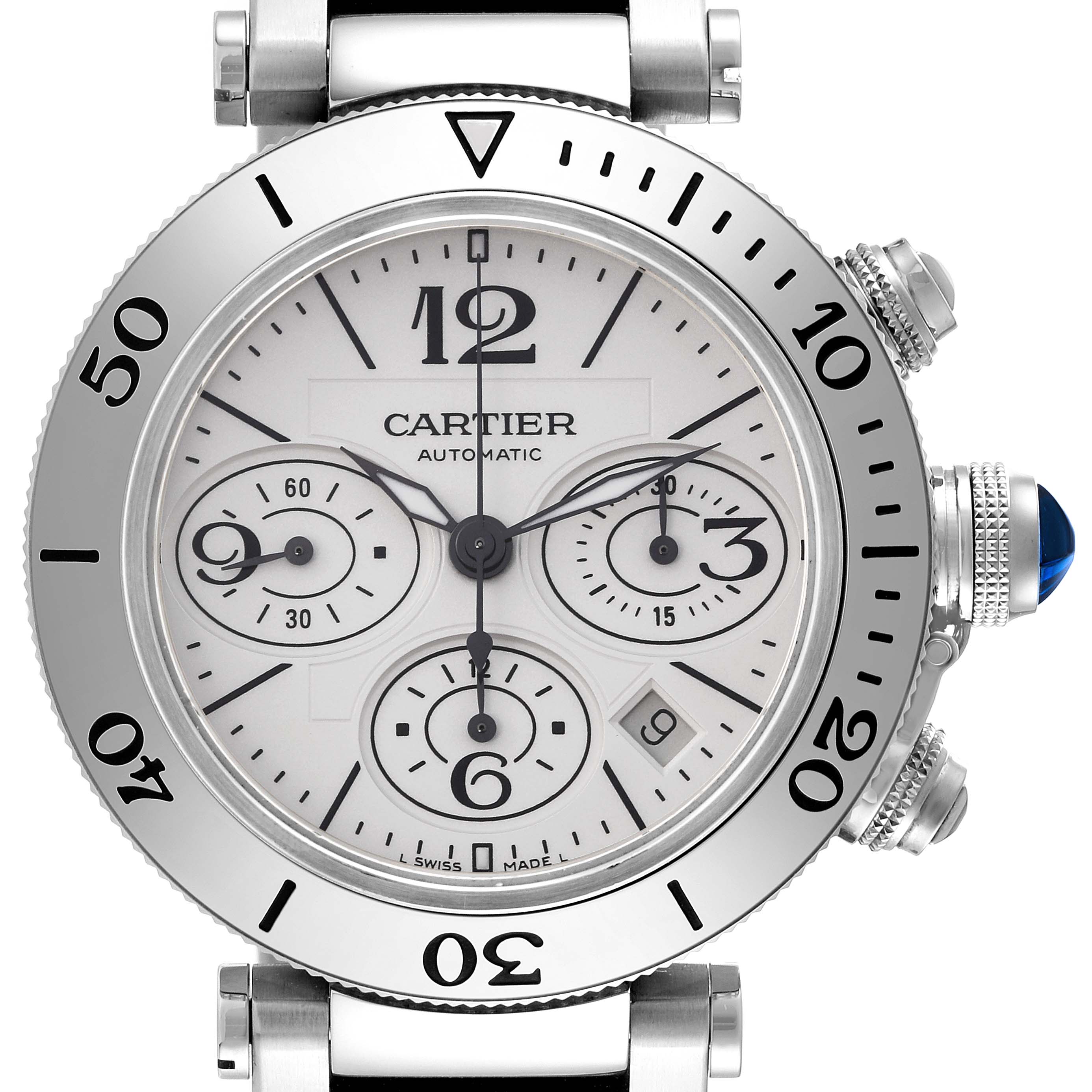 The Cartier Pasha W31089M7 Men's Stainless Steel Silver Dial W31089M7 Men's Stainless Steel Silver Dial watch is shown from a front angle, highlighting the dial, bezel, and crown.