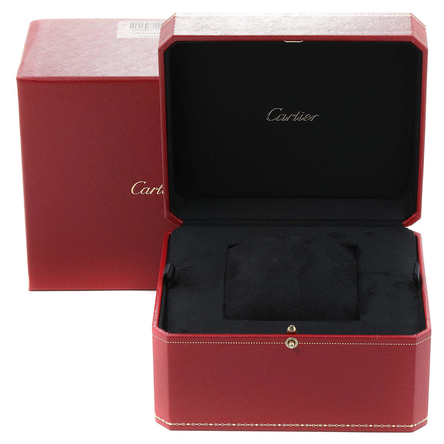 The image shows an open red Cartier box for the Ronde model watch, displaying its interior padding and logo.