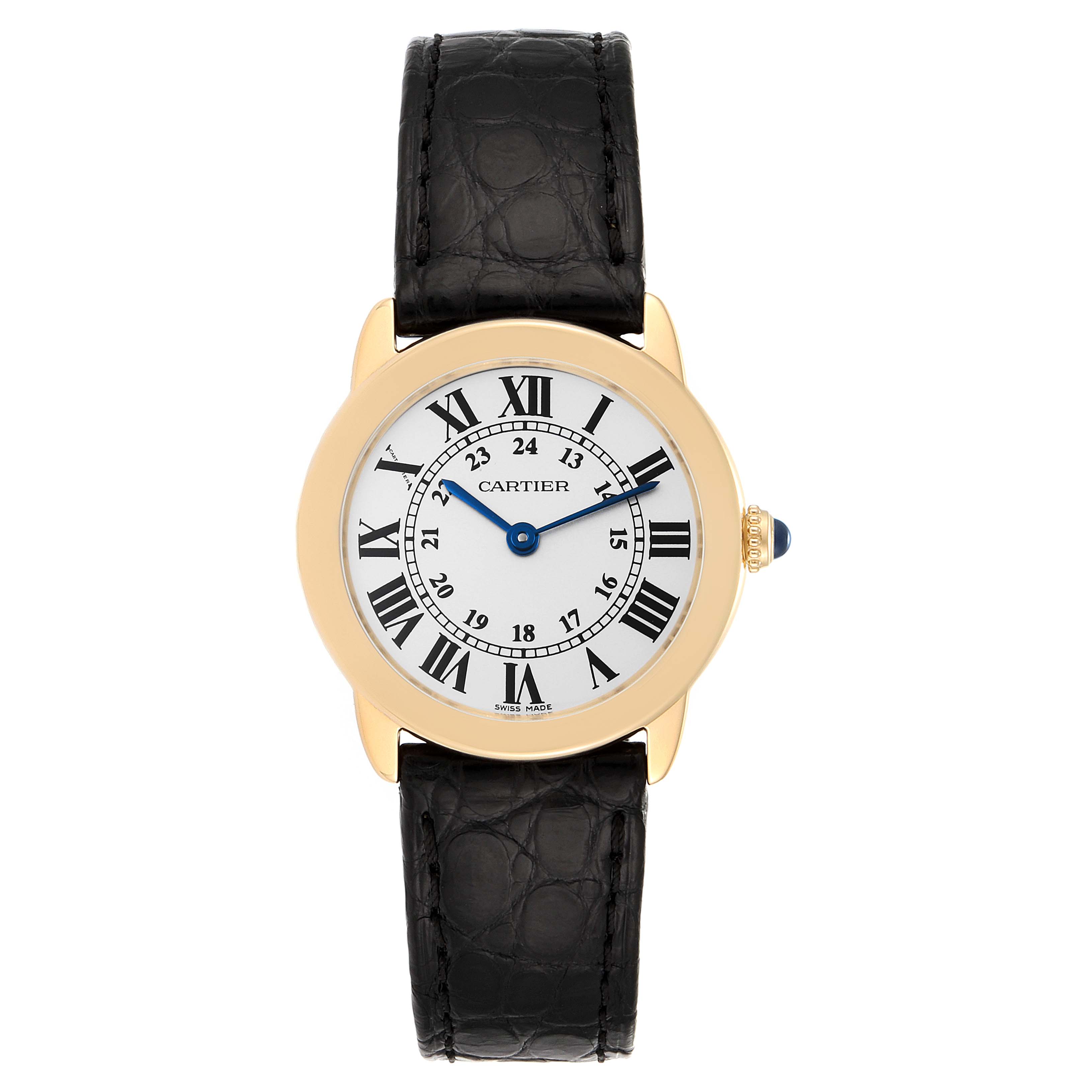 The image shows a front view of a Cartier Ronde W6700355 Women's Yellow Gold Silver Dial W6700355 Women's Yellow Gold Silver Dial model watch with a black leather strap and gold casing.