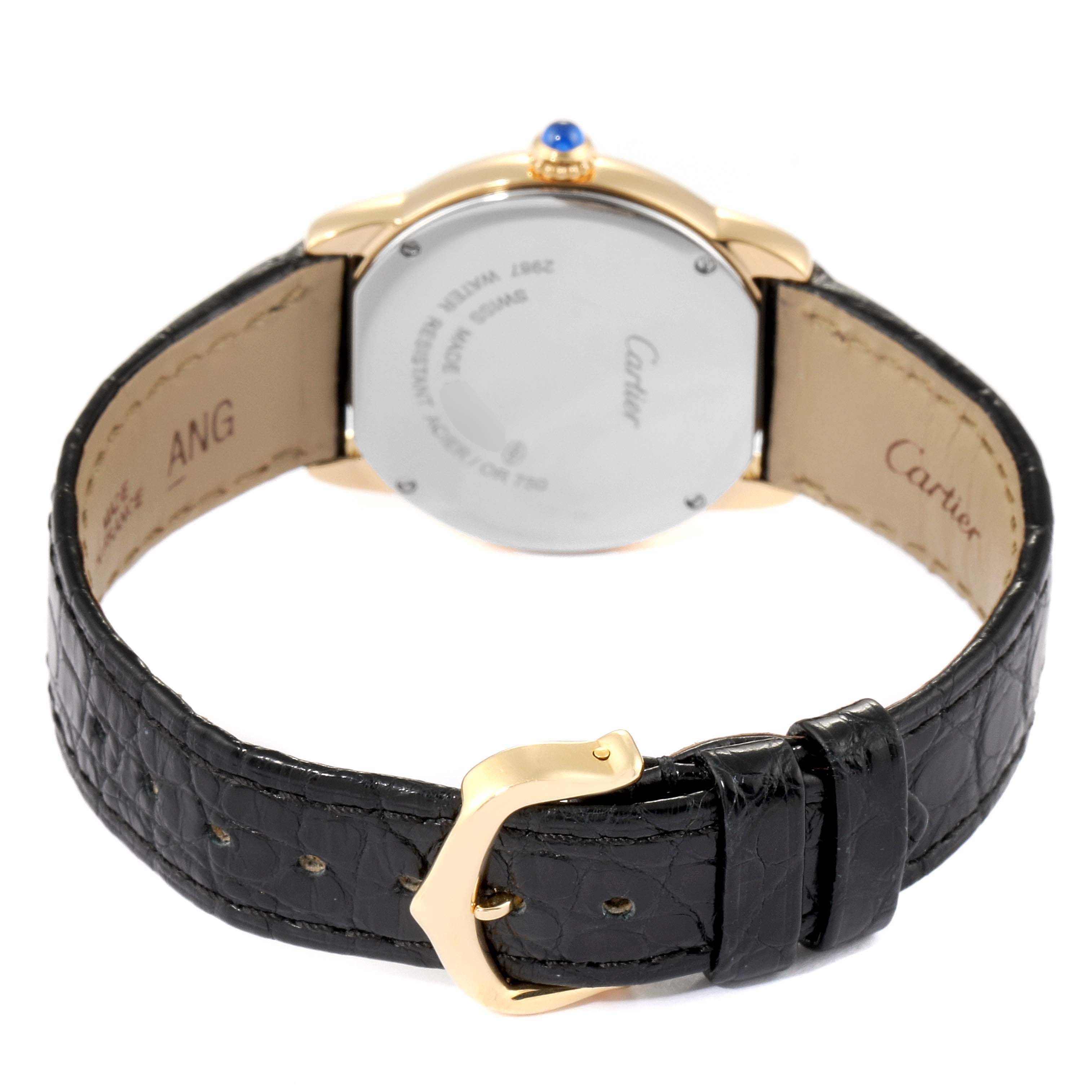 The image shows the back view of a Cartier Ronde W6700355 Women's Yellow Gold Silver Dial W6700355 Women's Yellow Gold Silver Dial watch, highlighting its case back, strap, and buckle.