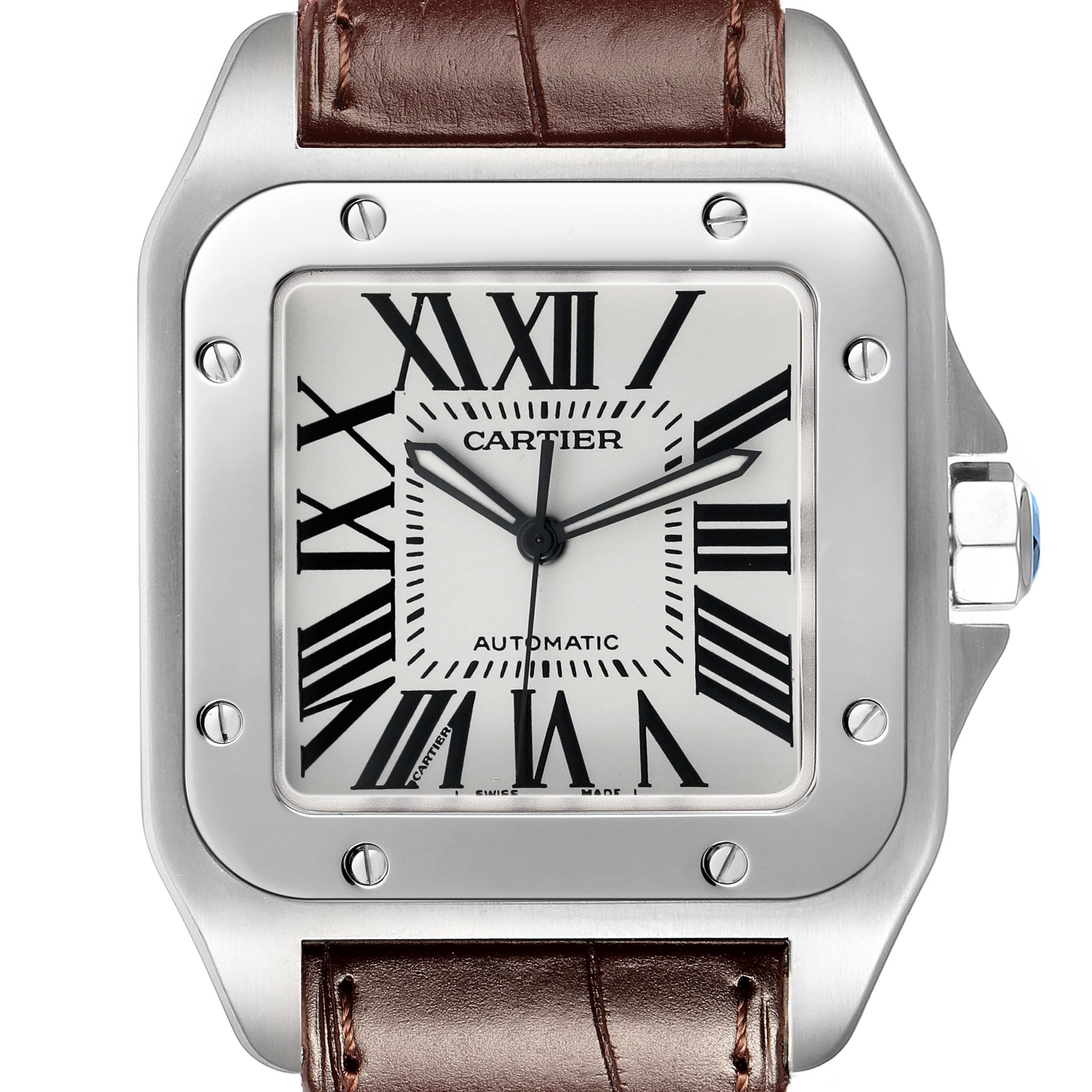 The Cartier Santos W20073X8 Men's Stainless Steel Silver Dial watch is shown head-on, highlighting its square face, roman numerals, bezel screws and brown leather strap.