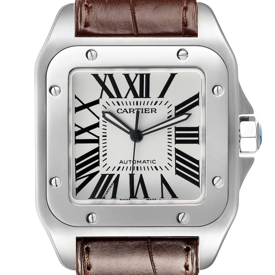 The Cartier Santos W20073X8 Men's Stainless Steel Silver Dial watch is shown head-on, highlighting its square face, roman numerals, bezel screws and brown leather strap.