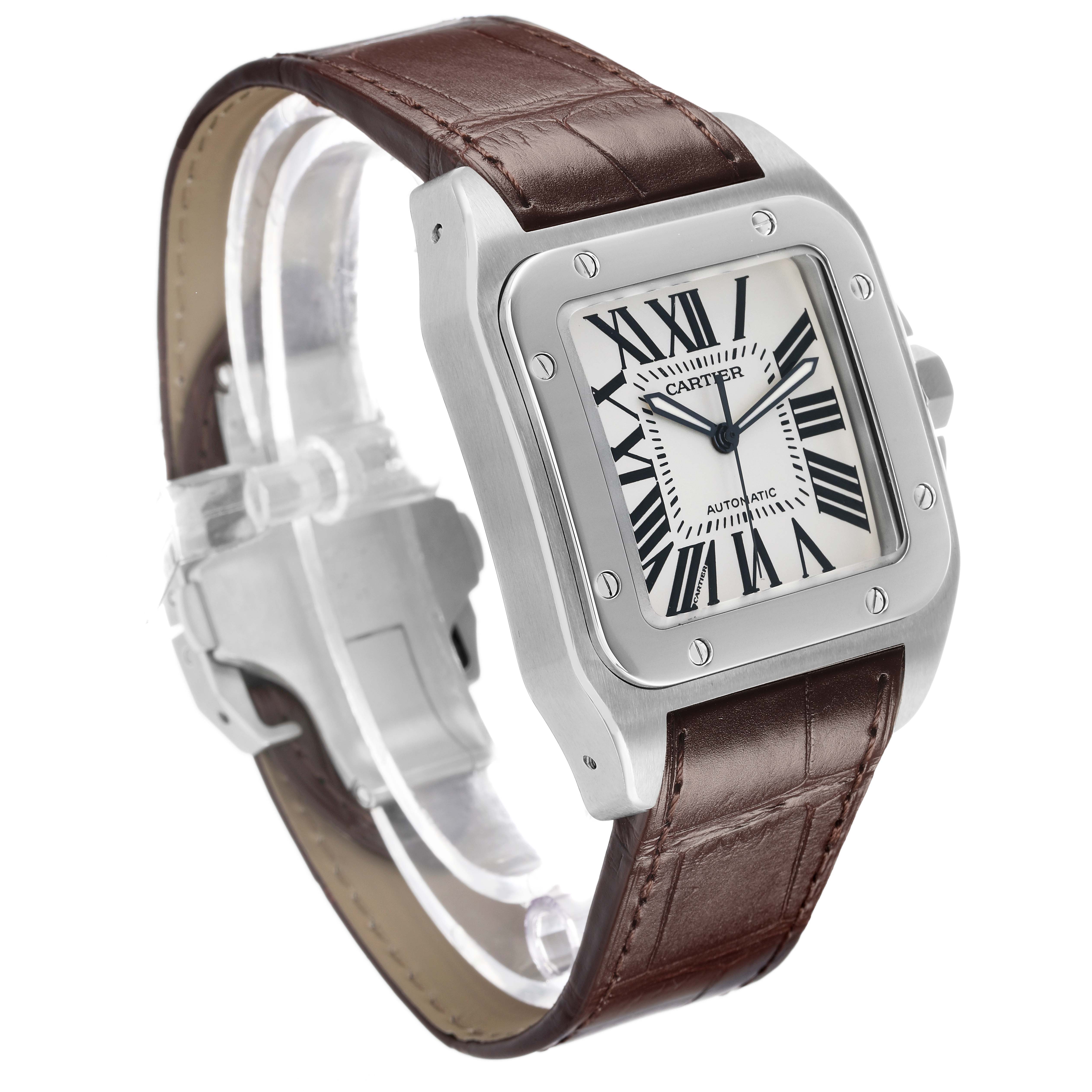 The Cartier Santos W20073X8 Men's Stainless Steel Silver Dial watch is shown at a three-quarter angle with the dial, case, and brown leather strap visible.