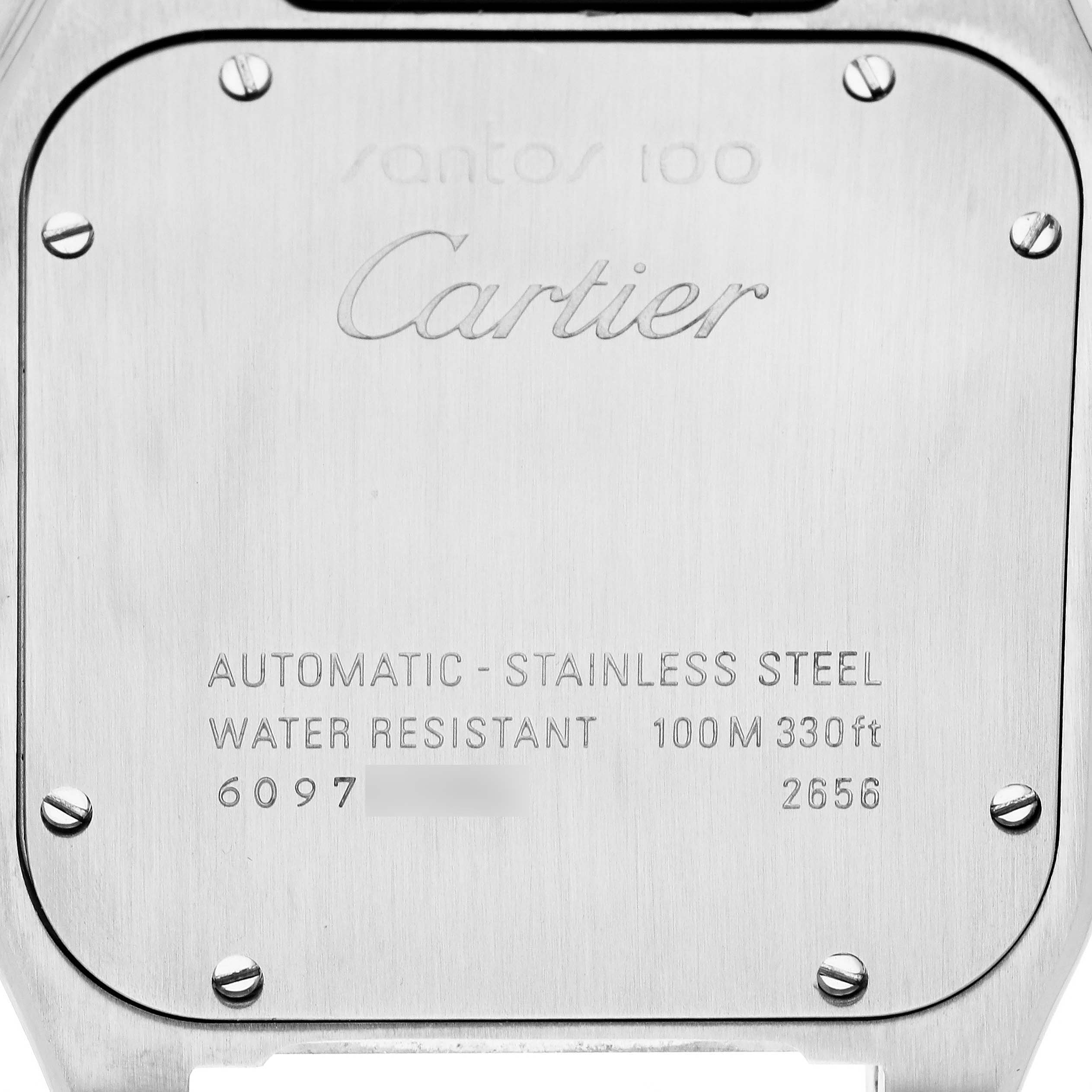 This image shows the back case of the Cartier Santos W20073X8 Men's Stainless Steel Silver Dial watch, highlighting its stainless steel material and water resistance details.