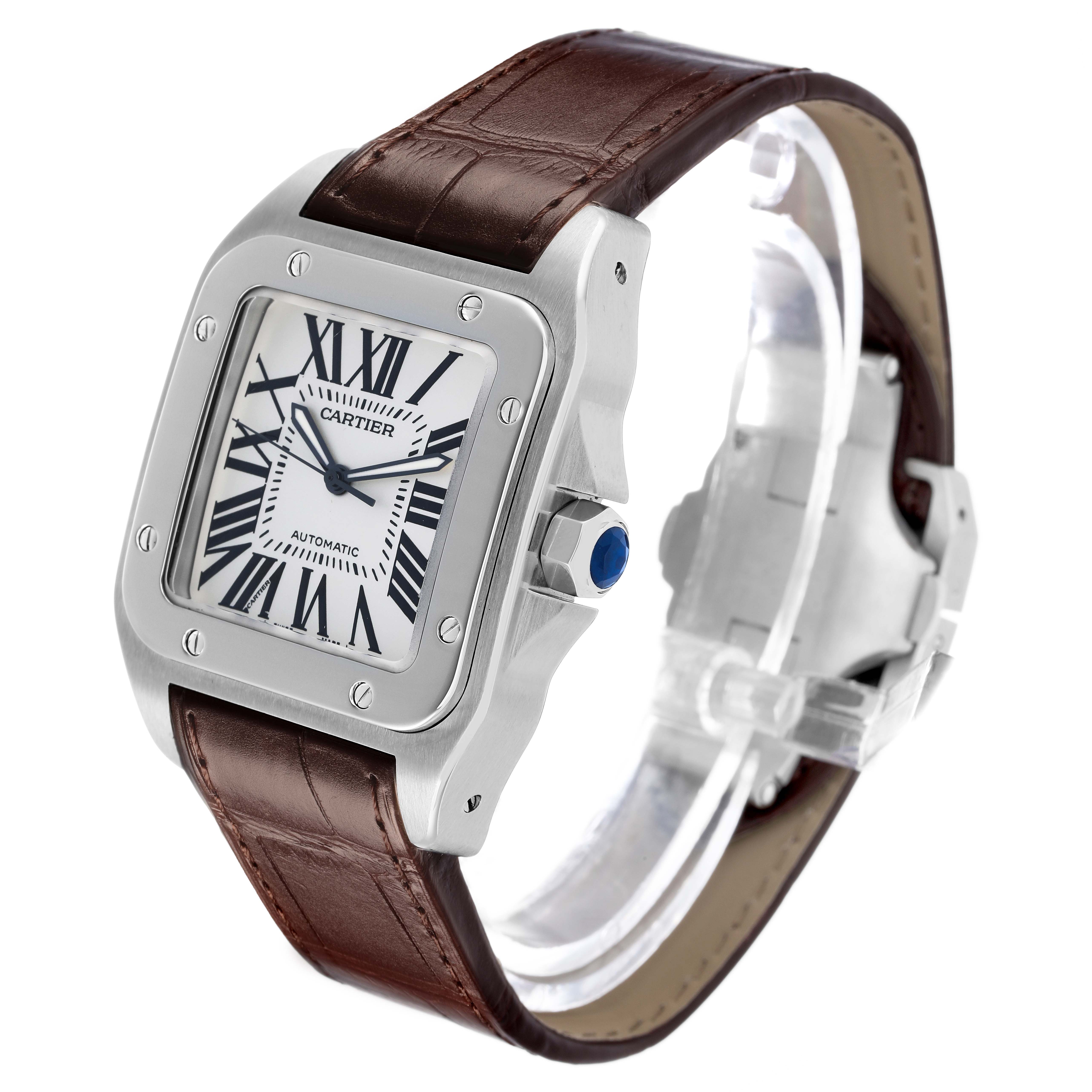 The Cartier Santos W20073X8 Men's Stainless Steel Silver Dial watch is shown at a three-quarter angle, highlighting the dial, bezel, crown, and leather band.