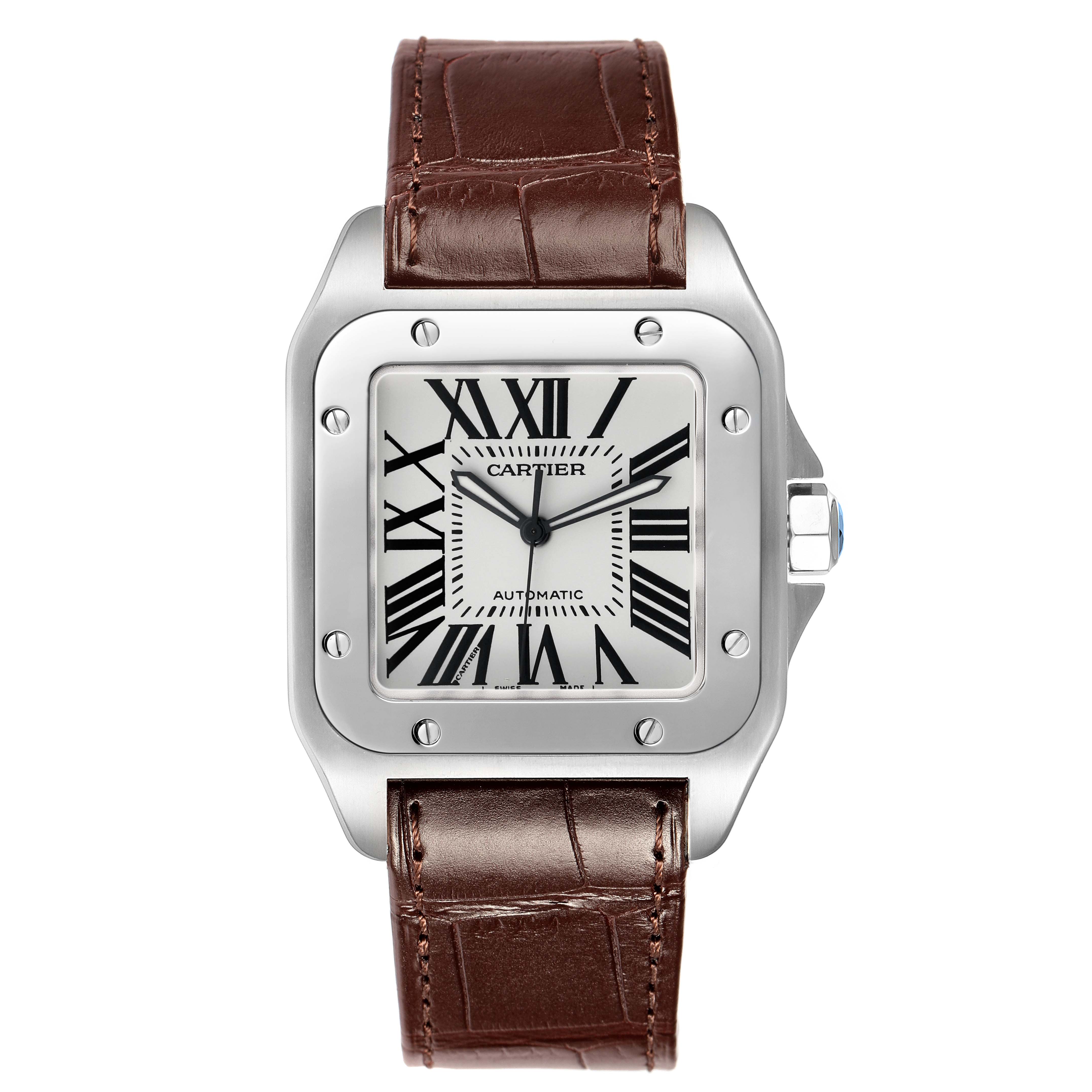 The Cartier Santos W20073X8 Men's Stainless Steel Silver Dial watch is shown from a front angle, highlighting its dial, bezel, and leather strap.