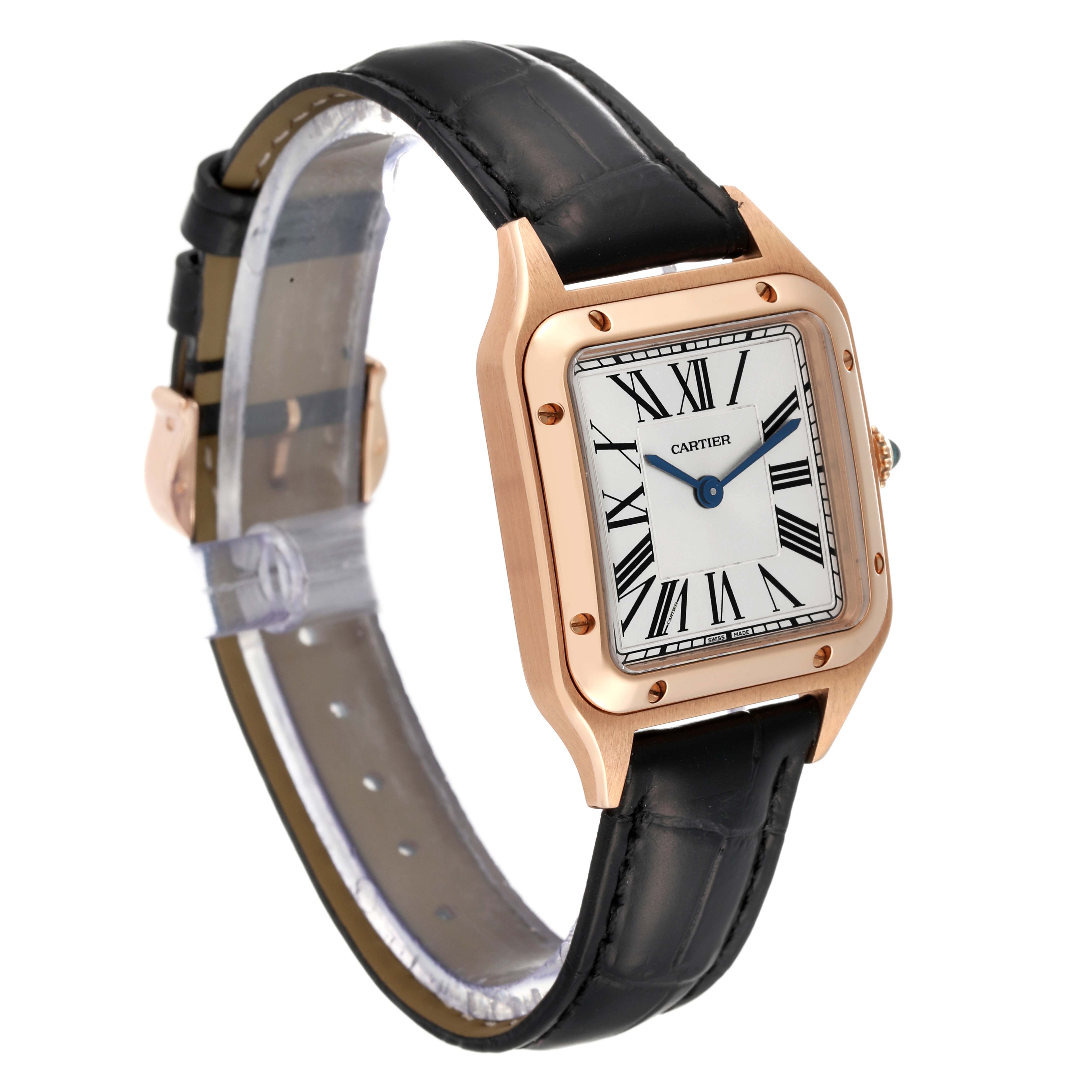 This image shows a Cartier Santos Dumont WGSA0022 Men
s Rose Gold Silver Dial WGSA0022 Men
s Rose Gold Silver Dial watch from a front-left angle, highlighting the dial, case, and strap.