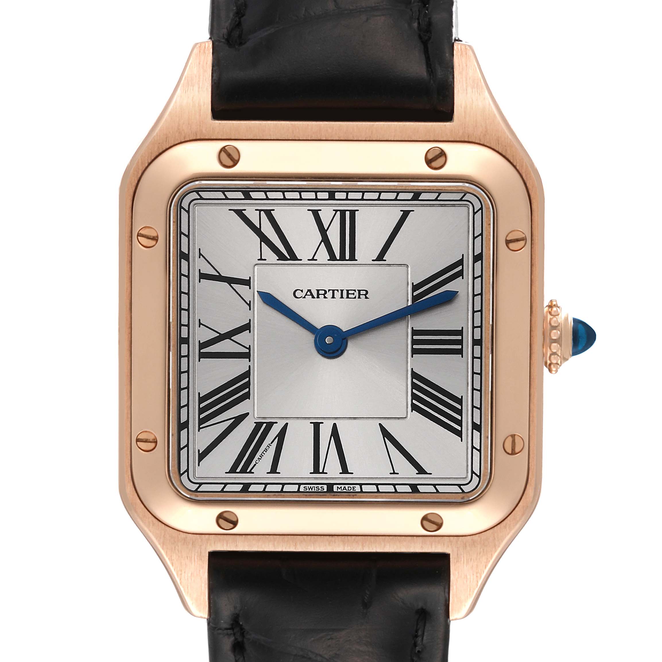 The image shows a close-up, front view of the Cartier Santos Dumont WGSA0022 Men
s Rose Gold Silver Dial WGSA0022 Men
s Rose Gold Silver Dial watch, highlighting the face, bezel, and a portion of the strap.