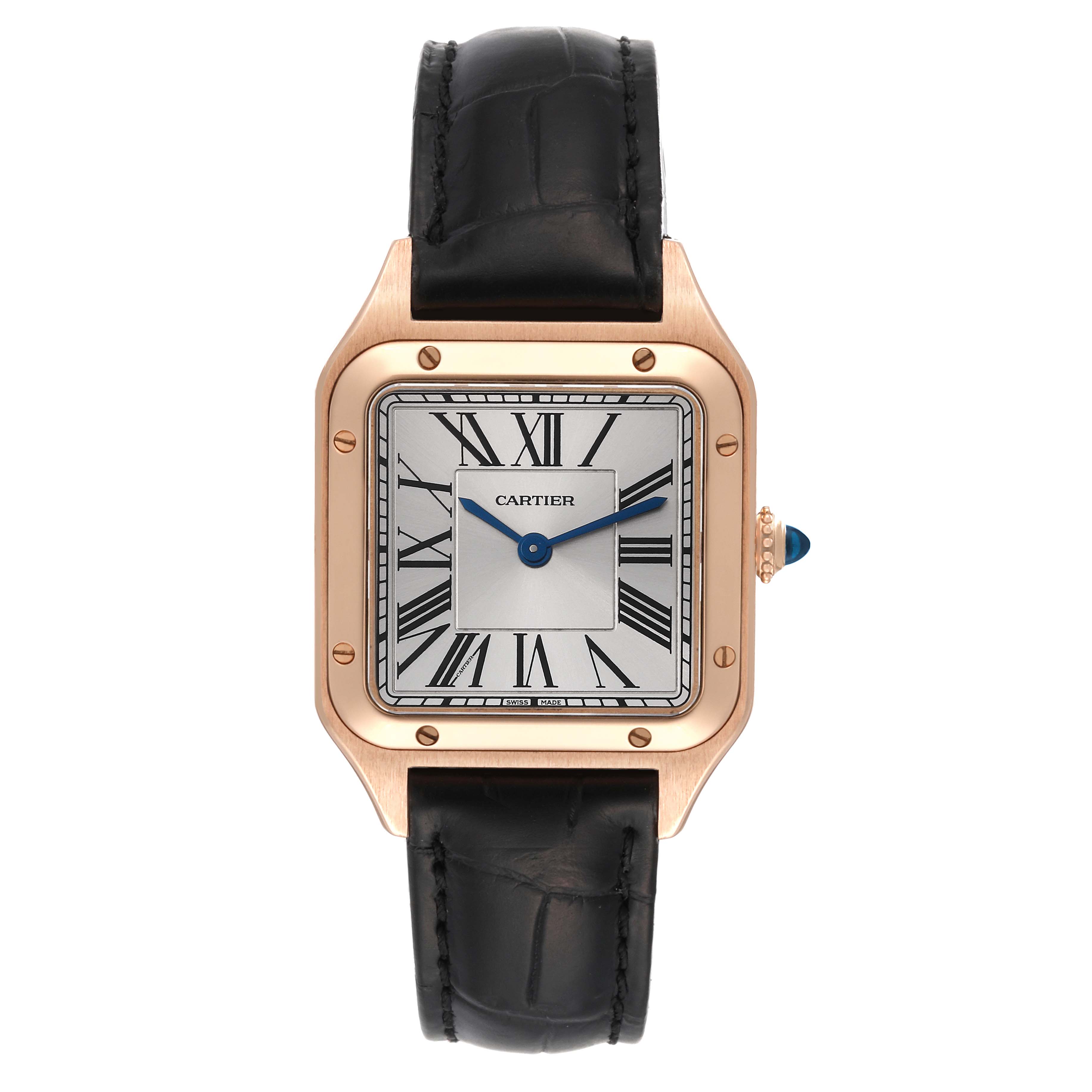 The image shows a front view of the Cartier Santos Dumont WGSA0022 Men
s Rose Gold Silver Dial WGSA0022 Men
s Rose Gold Silver Dial watch, featuring its square face, Roman numerals, and black leather strap.