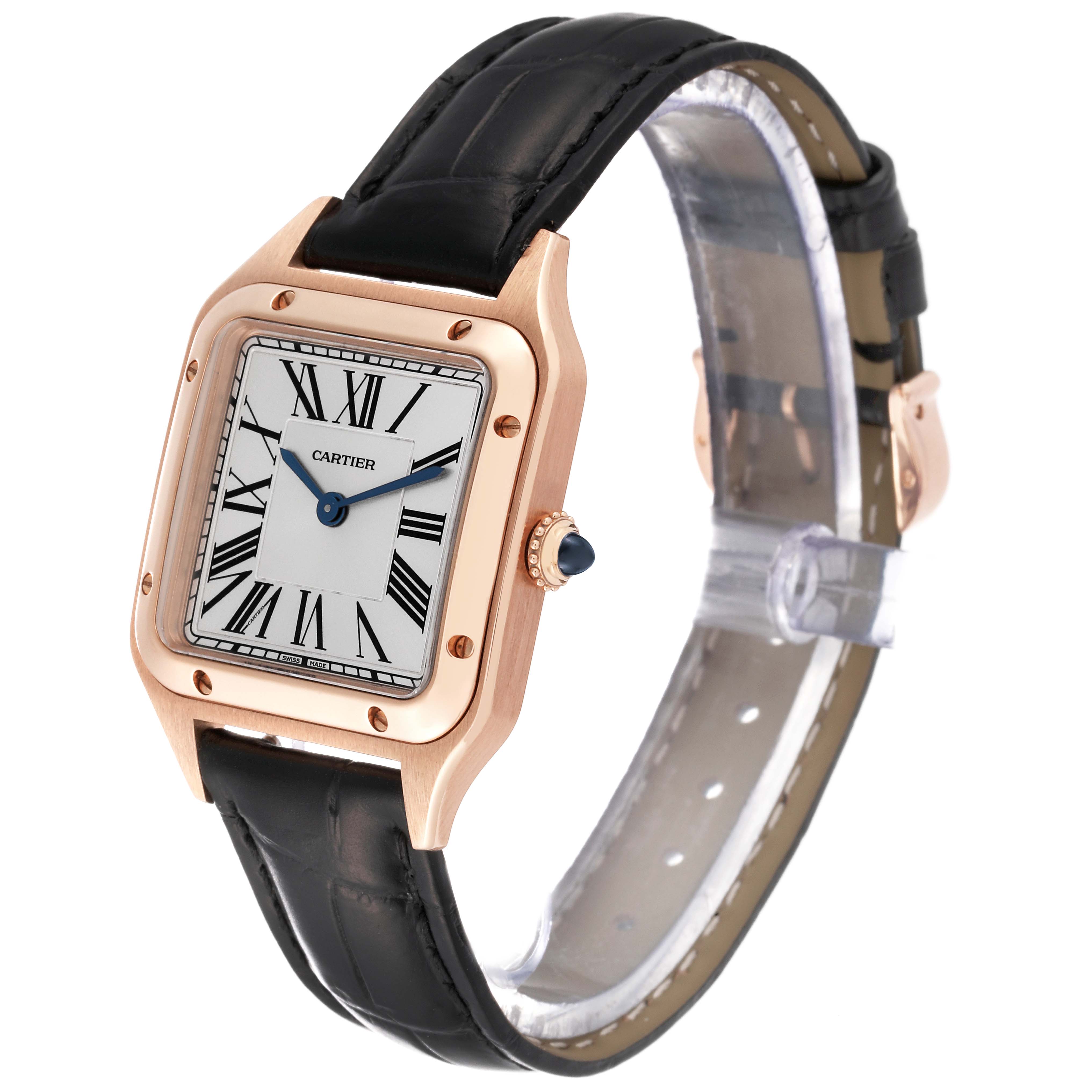 The Cartier Santos Dumont WGSA0022 Men
s Rose Gold Silver Dial WGSA0022 Men
s Rose Gold Silver Dial watch is shown at a three-quarter angle, revealing the case, dial, crown, and leather strap.