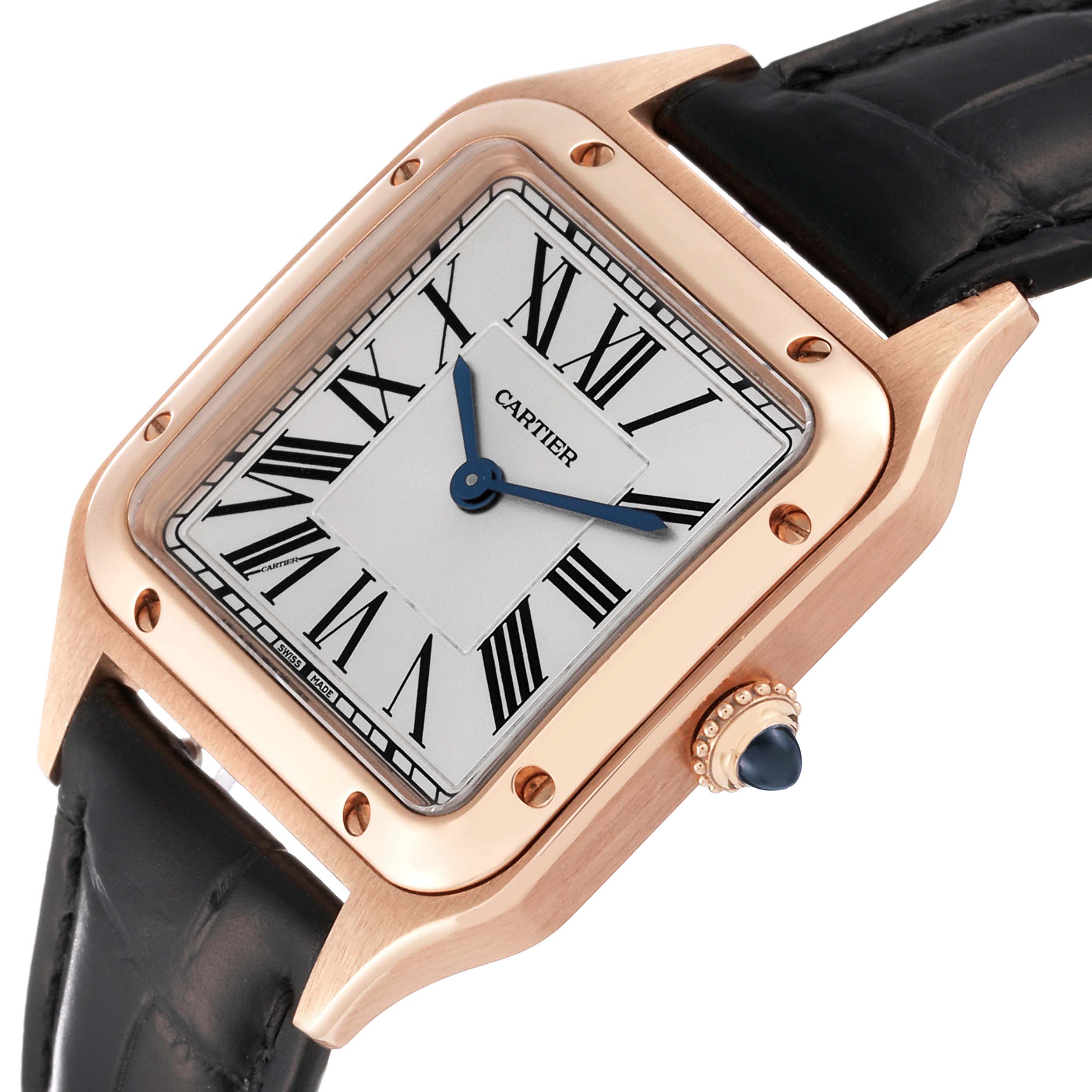 The image shows a close-up angle of the Cartier Santos Dumont WGSA0022 Men
s Rose Gold Silver Dial WGSA0022 Men
s Rose Gold Silver Dial watch, displaying the dial, case, and part of the leather strap.