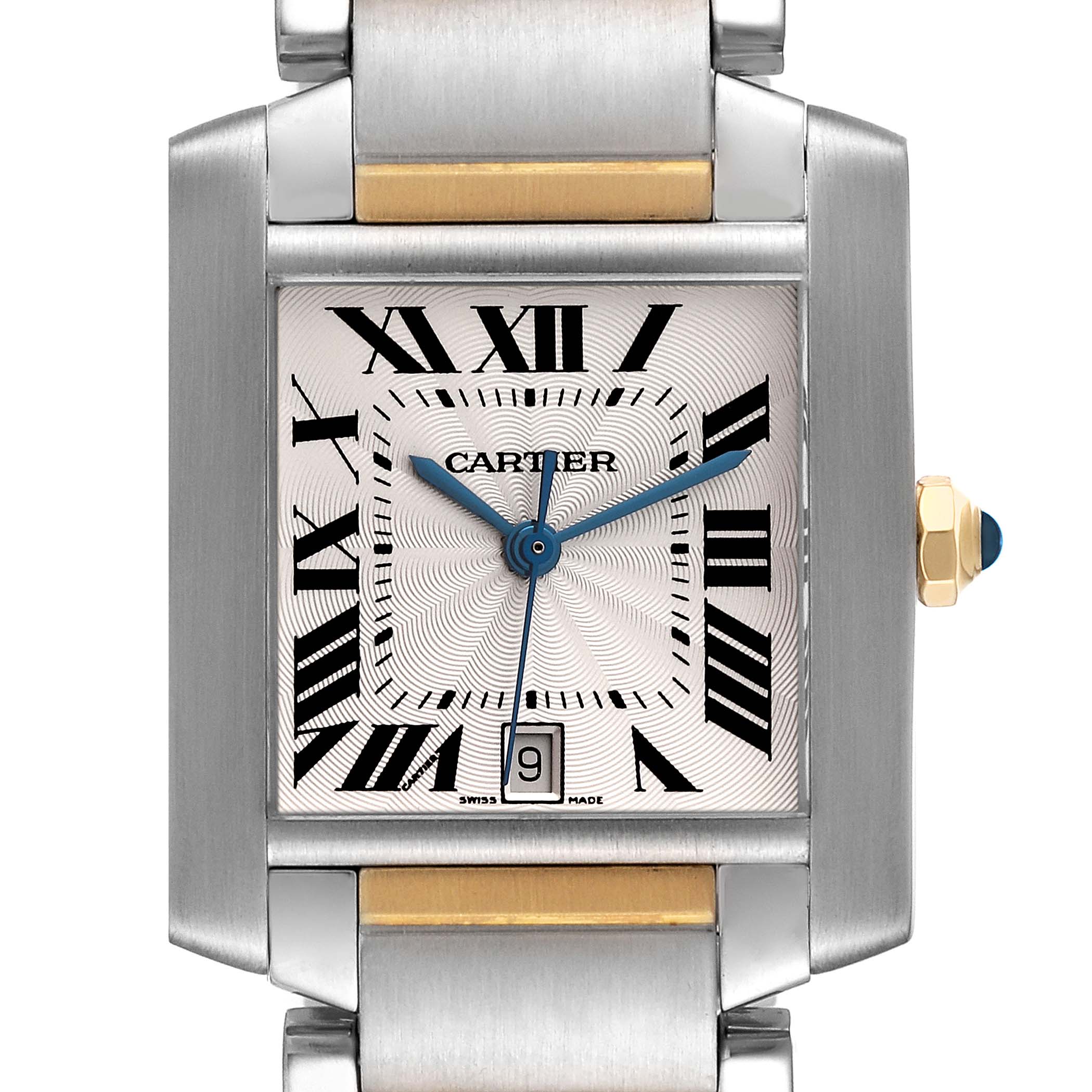 The image shows a close-up of the face and bezel of the Cartier Tank Francaise W51005Q4 Men
s Stainless Steel Silver Dial W51005Q4 Men
s Stainless Steel Silver Dial watch.