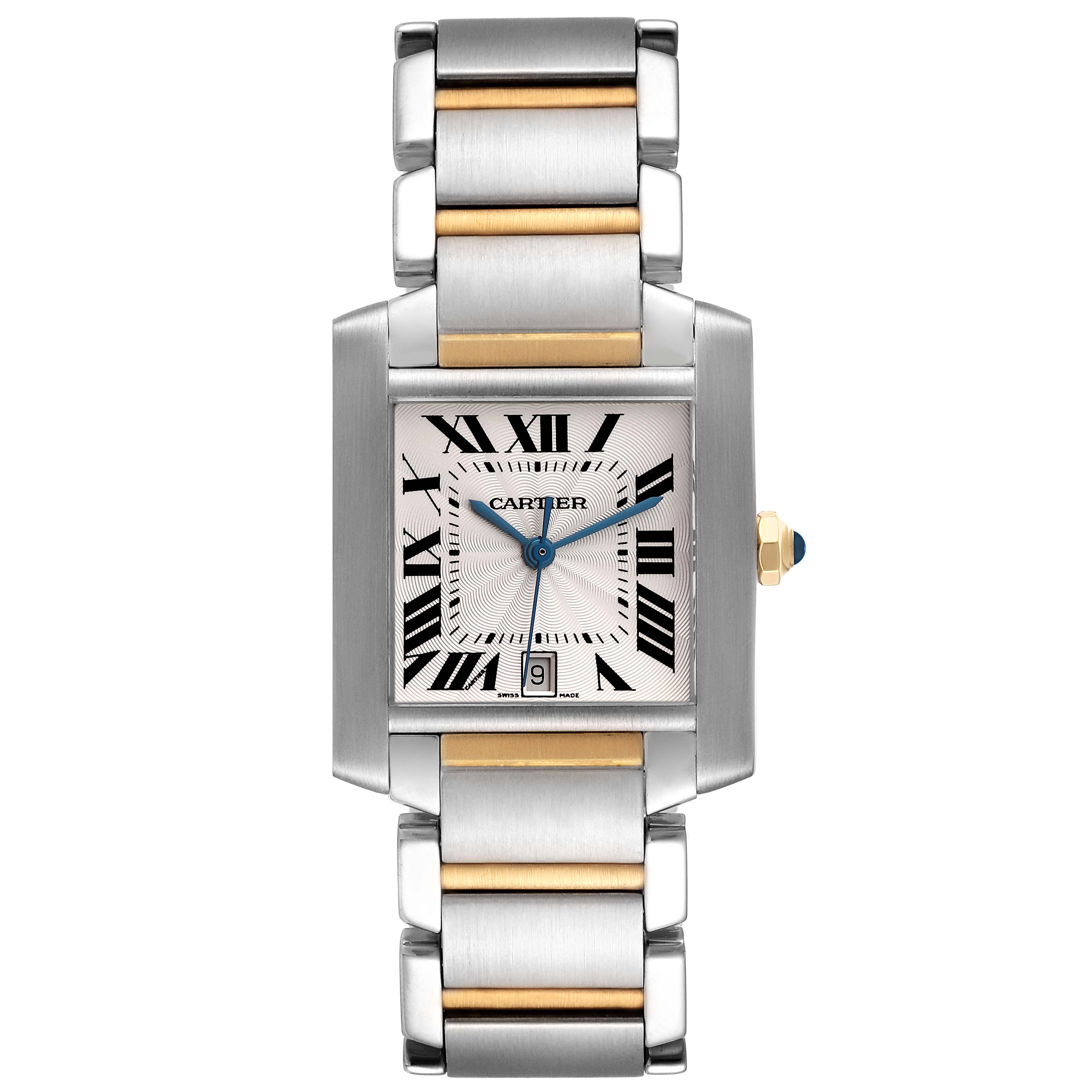 The image shows a frontal view of the Cartier Tank Francaise W51005Q4 Men
s Stainless Steel Silver Dial W51005Q4 Men
s Stainless Steel Silver Dial watch, highlighting its face, strap, and crown.