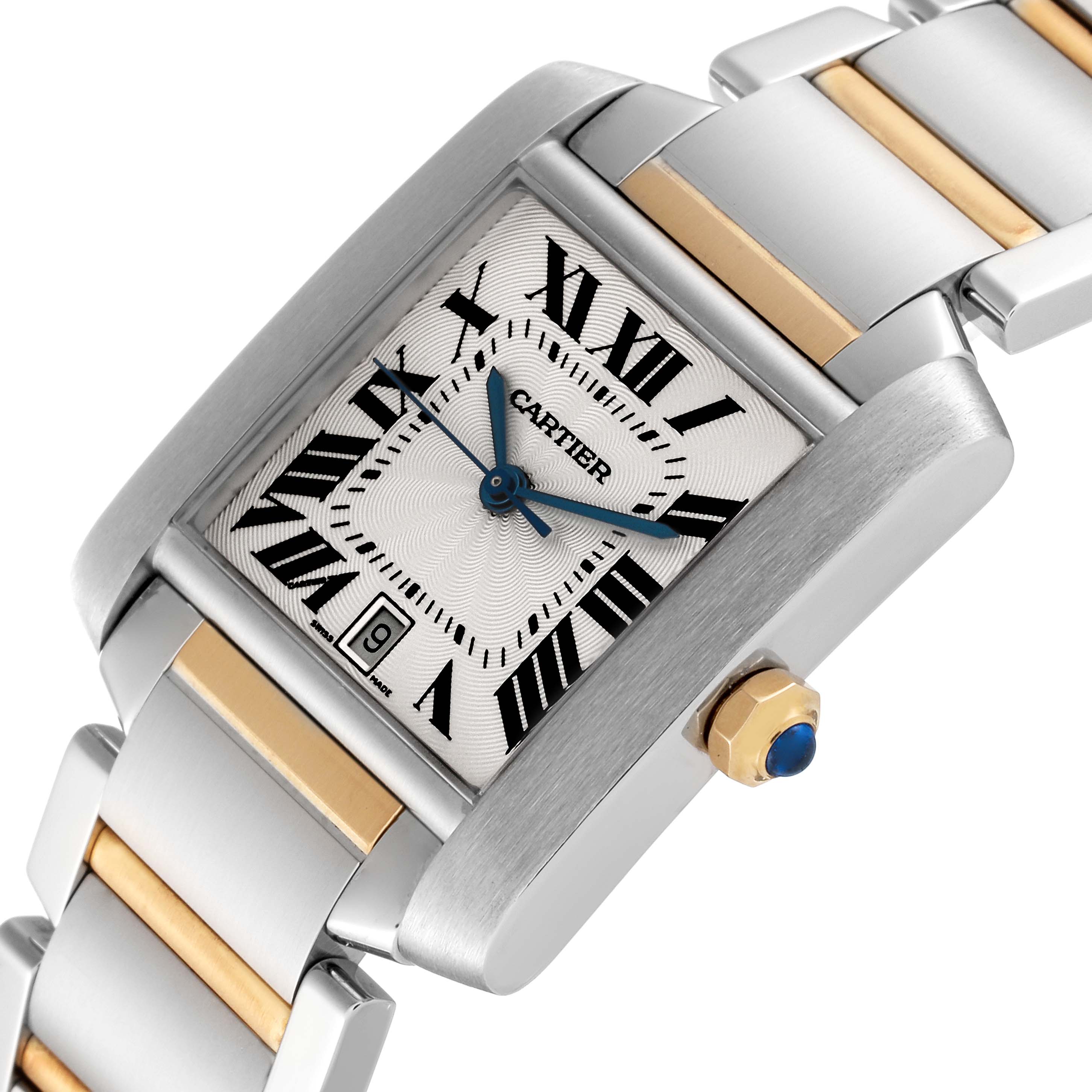 The image shows a close-up angled view of the dial, crown, and bracelet of the Cartier Tank Francaise W51005Q4 Men
s Stainless Steel Silver Dial W51005Q4 Men
s Stainless Steel Silver Dial watch.