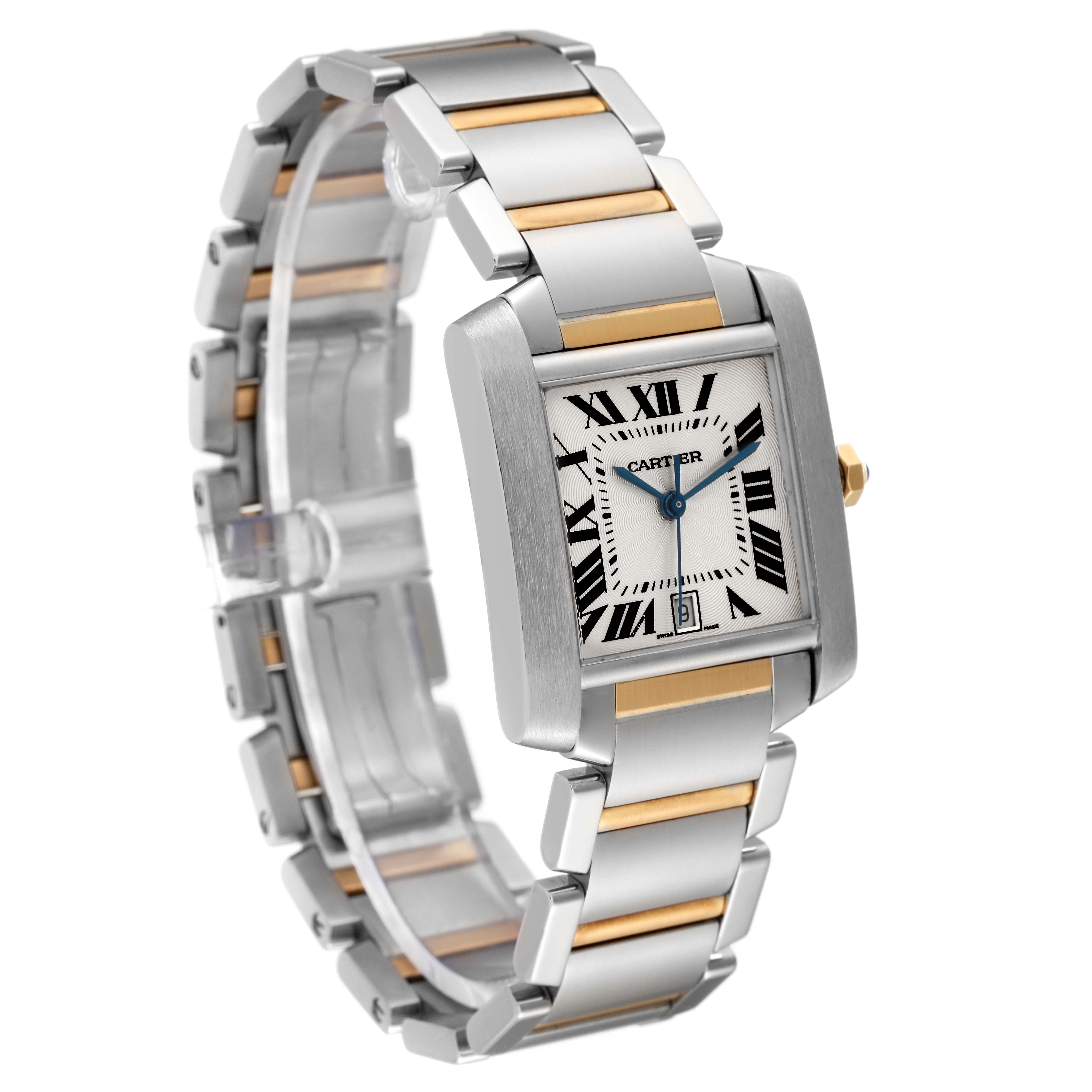 The image shows a Cartier Tank Française watch positioned at a three-quarter angle displaying its face and bracelet.