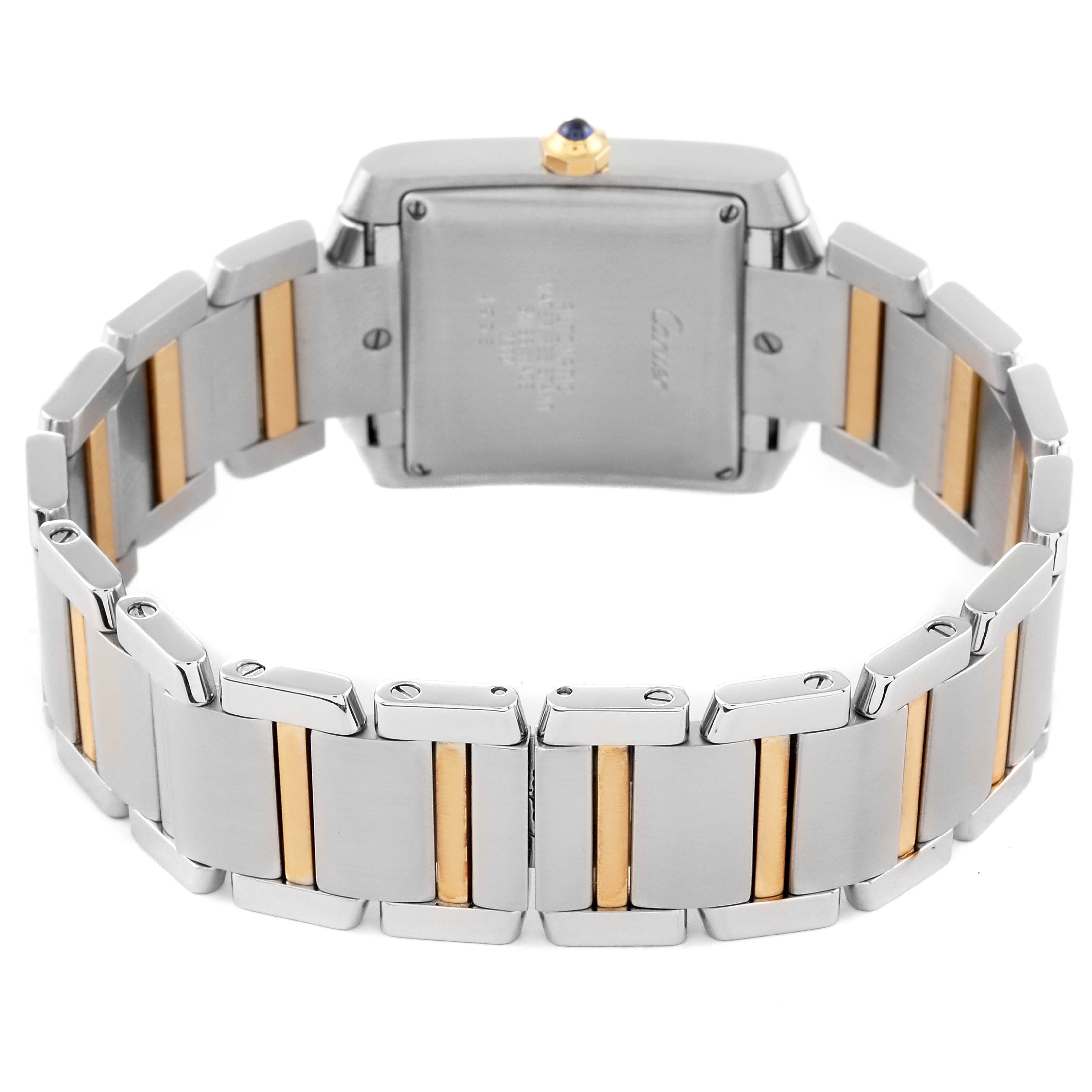 This image shows the back view of a Cartier Tank Française watch, highlighting its bracelet and caseback.