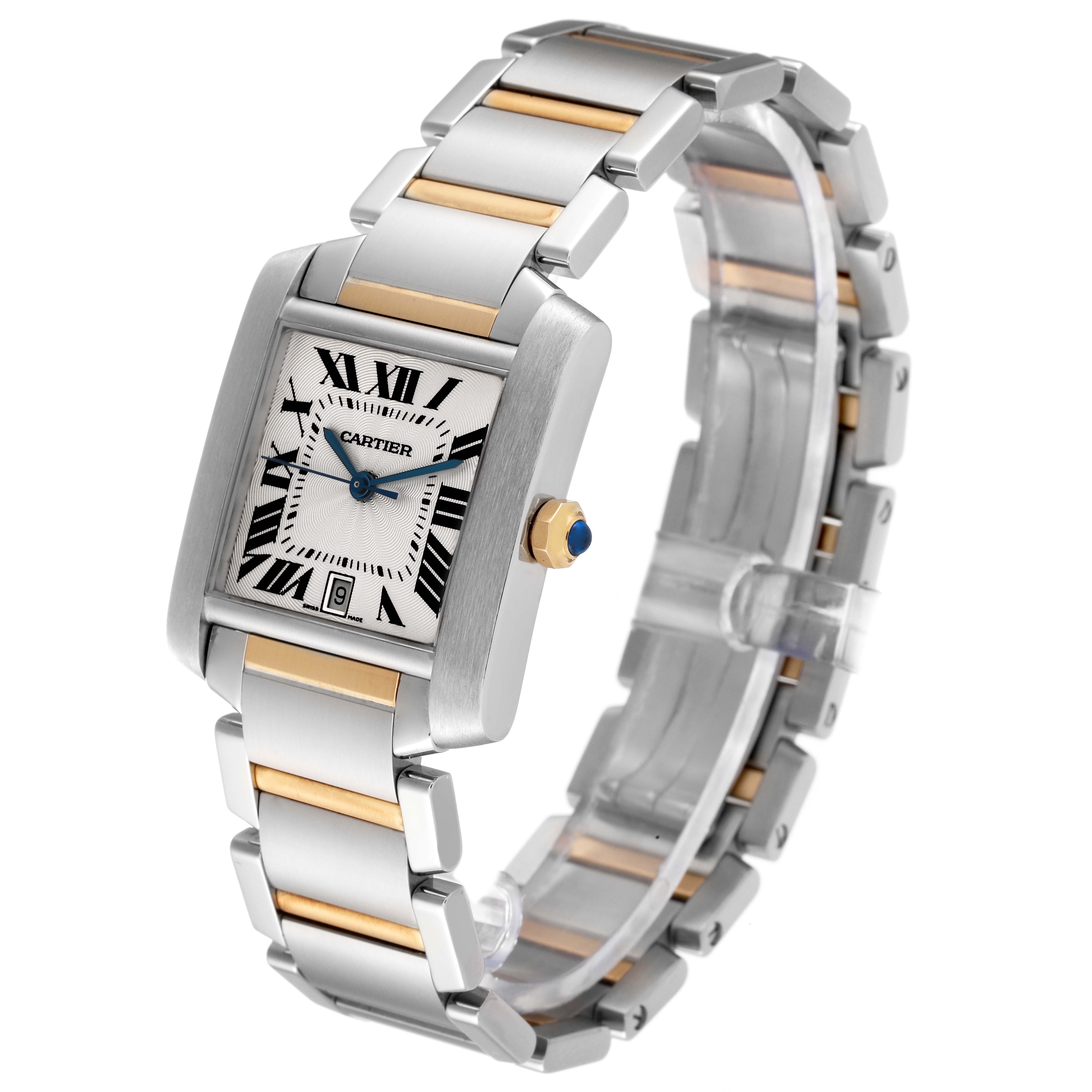 The Tank Francaise by Cartier is shown from a three-quarter angle, highlighting its face, case, crown, and full bracelet.