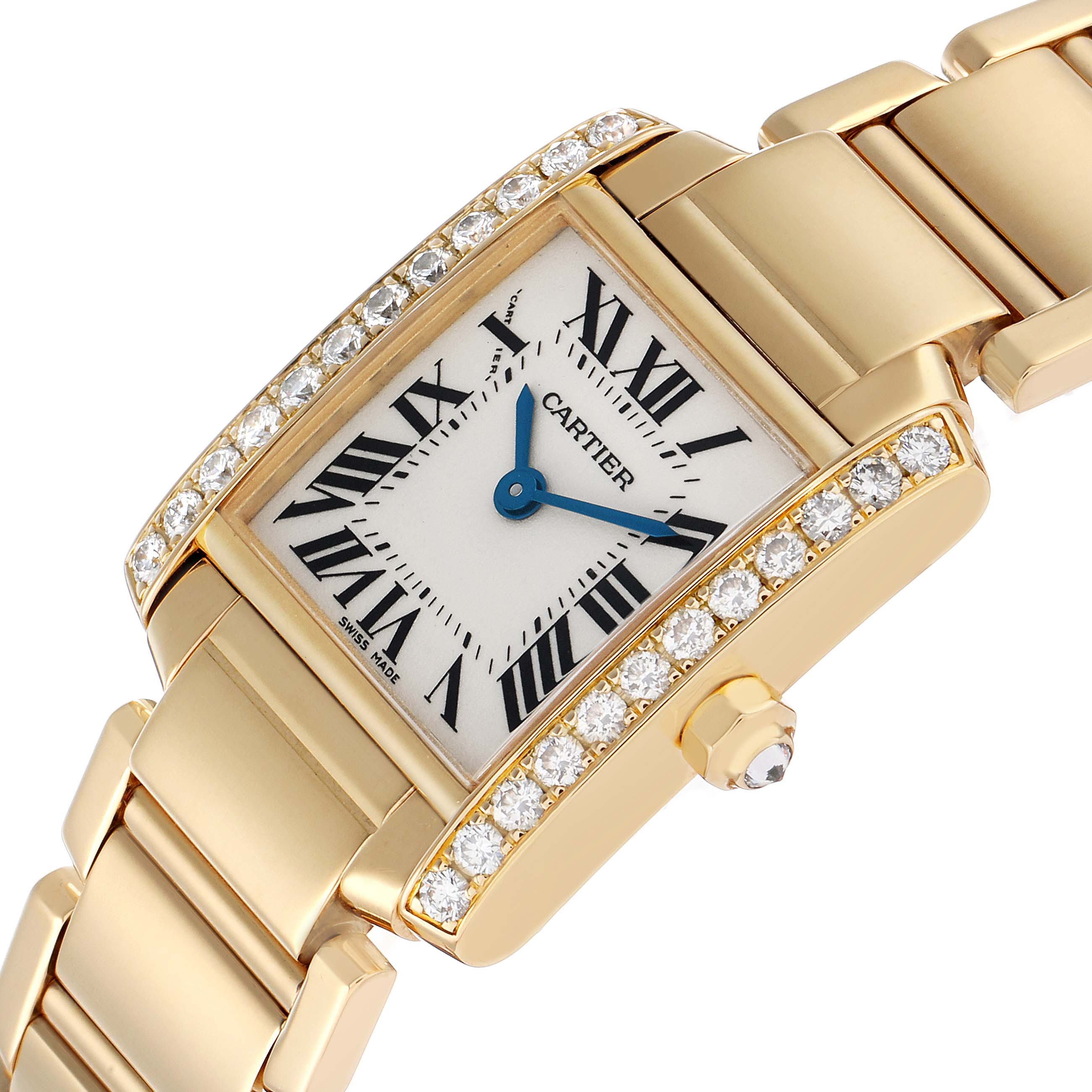 The Cartier Tank Francaise WE1001R8 Women's Yellow Gold Silver Dial watch is shown at a slight angle, highlighting the diamond-set bezel, dial, and part of the bracelet.